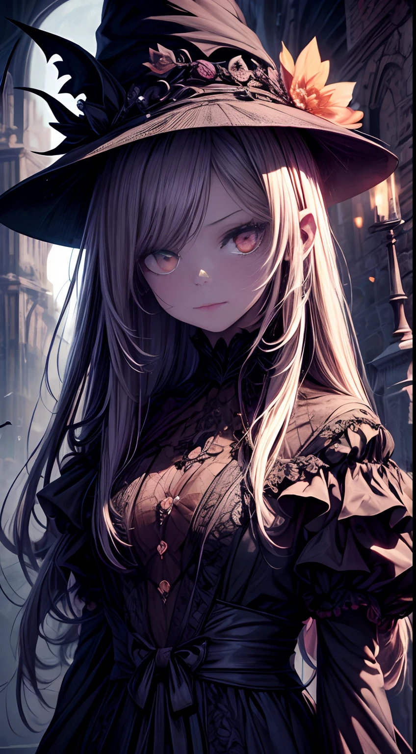 (Best quality,A high resolution,Masterpiece:1.2),Ultra-detailed,(Realistic:1.37),Cartoon style,Spooky Halloween,pumpkin lantern,creepy atmosphera,Vibrant colors,Dim lighting,Haunting shadows,ethereal glowing,Engaging illustrations,Detailed pumpkin carving,a witch's hat,Bats fly in the dark,The full moon casts a shadow,Charming forest background,Whimsical characters,Dark and mysterious atmosphere,Impressive artistry,stunning  visuals,Engaging storytelling,Playful and spooky atmosphere,Engaging artwork,Spooky pumpkins,ghostly figure,Uneasy gaze,Deep contrast,hauntingly beautiful,Fascinating details,Animation expressions,Surreal background,Haunted house silhouette,Candy snacks,Whispering wind,mesmerizing charm,Adventures in the moonlight,Trick or treat without sugar,Ghoulish Delights,fantasy world,Charming pumpkins.