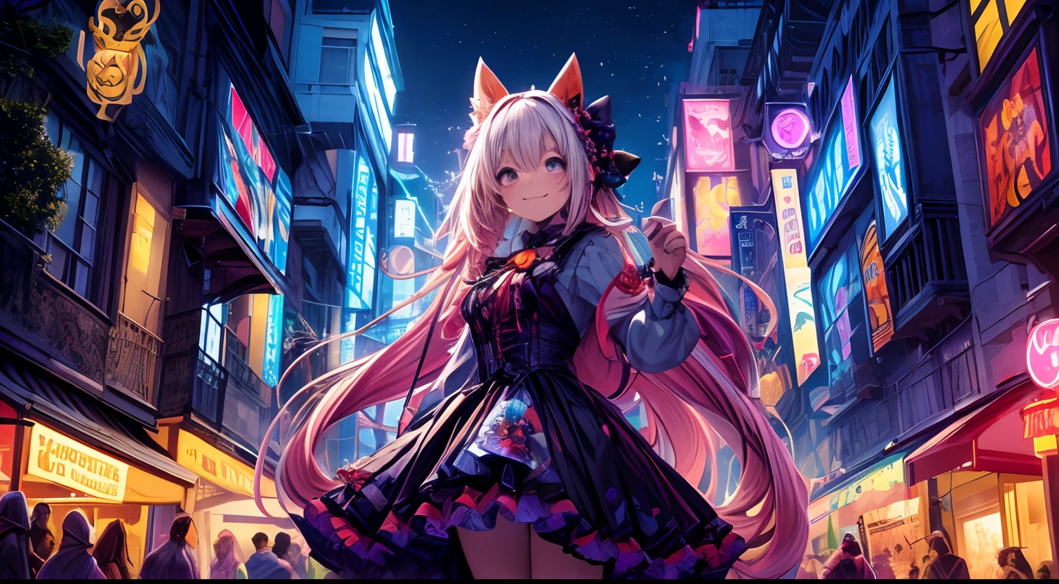 the ultra-detailed, high high quality, 4K, 8K, and masterpiece level (1.2) Tips for a cartoon-style Halloween extravaganza, Featuring jack-o-lanterns:
Vibrant Halloween scene, Energetic and eerie atmosphere, vibrant with colors、Richly detailed characters, Playful and whimsical vibes, Playful and charming cartoon style, lively expression, Exaggerated and expressive facial features, Bright smile and mischievous smile, Glowing, Beautifully carved jack-o'-lanterns,Hideous-looking, Flashing candlelight inside a jack-o'-lantern, Shadows dance around, Eerie moonlit night, The eerie moonlight casts shadows, Enchanting forests and towering trees, The golden and orange leaves fall gently, Bats fly gracefully in the dark sky, Witches soar through the air on broomsticks, Vibrant clothing and unique designs, Kids dress up as a variety of Halloween creatures, Cheerful and eerie music filled the air, Soody house,The exterior décor is very creative, Cobwebs and spiders decorate the scene, The eerie and enchanting moon shines brightly, Ghostly figures float around, The excitement of trick-or-treating without sugar, Distribution of sweets and snacks, Bright neon lights illuminate the scene, A magical and otherworldly aura, Fantastical creatures roam the landscape, A sense of mystery and adventure in the air, Exciting energy and anticipation, Joy and excitement in the midst of festive celebrations, A visual spectacle that delights and awe, A masterpiece of Halloween art.