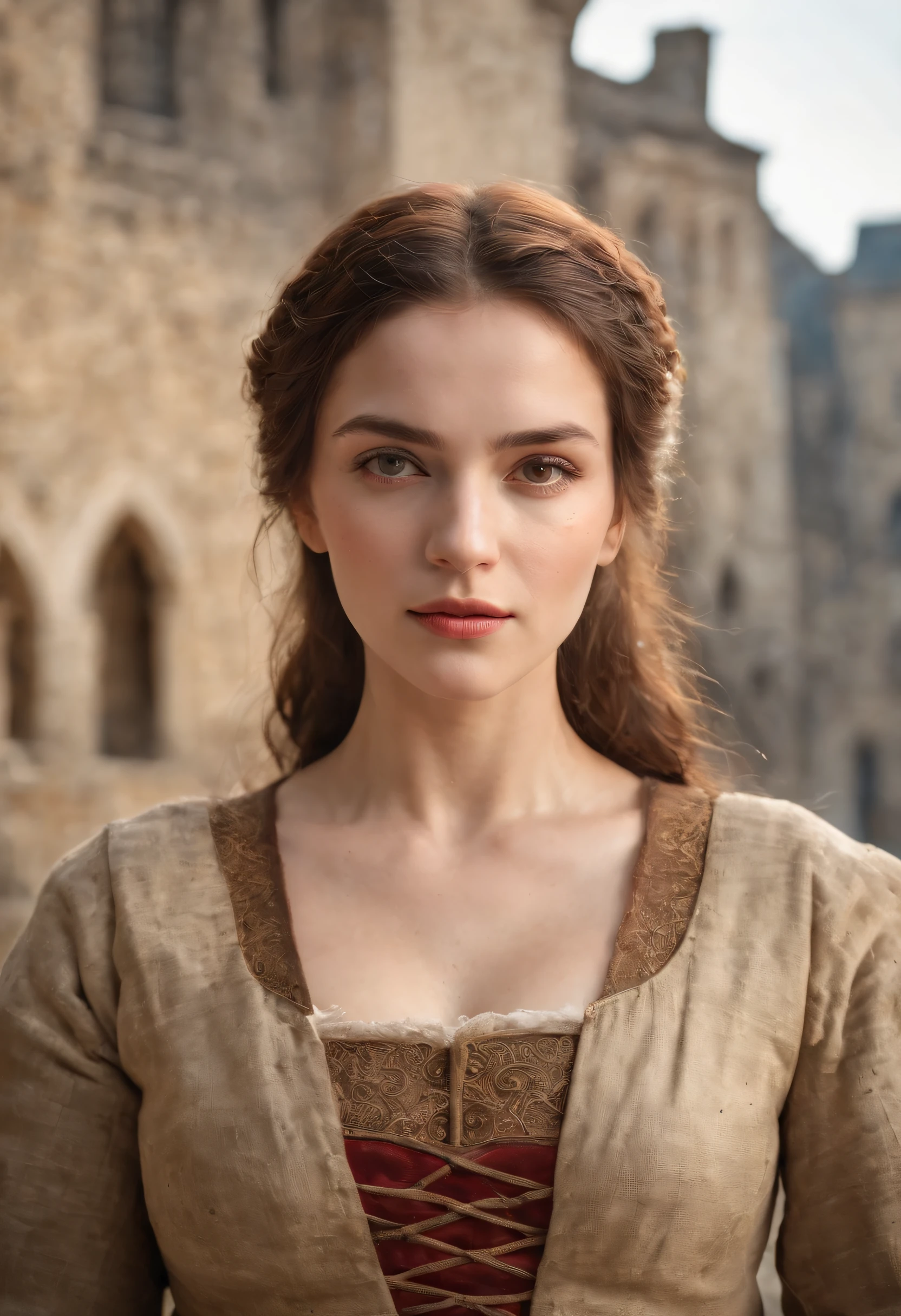 Cinematic portrait, upper body, face, facing the audience, (Reality :1.3), one of the most beautiful artworks in the world, a woman looks into the camera, medieval costumes, (old clothes damaged and weathered :1.4), detailed beautiful face, action shooting, ancient city background, realistic photos, CG, Art Station
