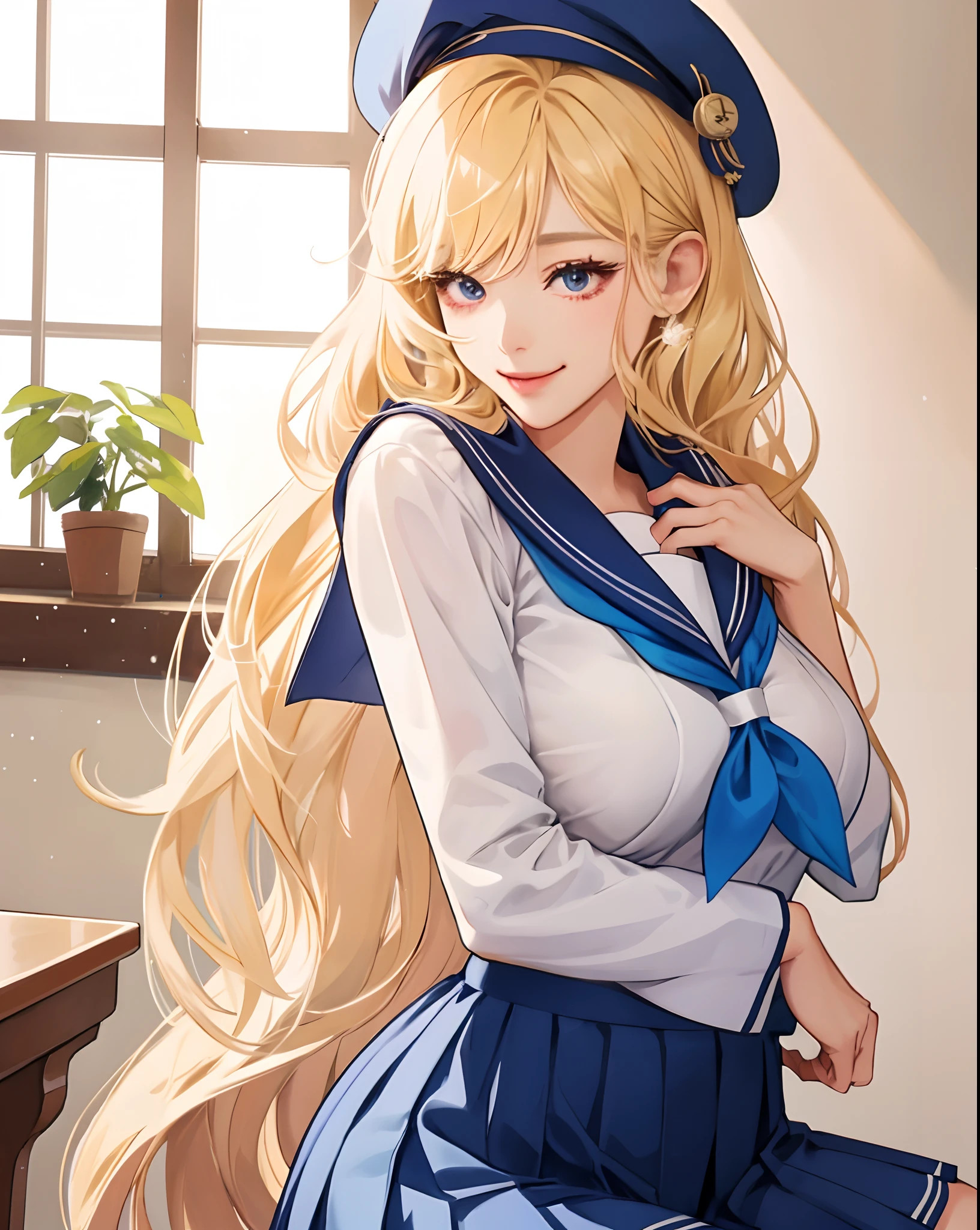 top-quality、Realistic、High Girl、bule、large full breasts、huge tit、a sailor suit、Tight-fitting uniforms、a short skirt、A smile、big eye、long lashes、Long upper eyelashes、a blond、cute little、Beautie、A sexy、Classroom、Lustrous skin、thighs thighs thighs thighs、Thin fabric、thin arm、thin-waist、Sensational body、full bodyesbian、Looking here、