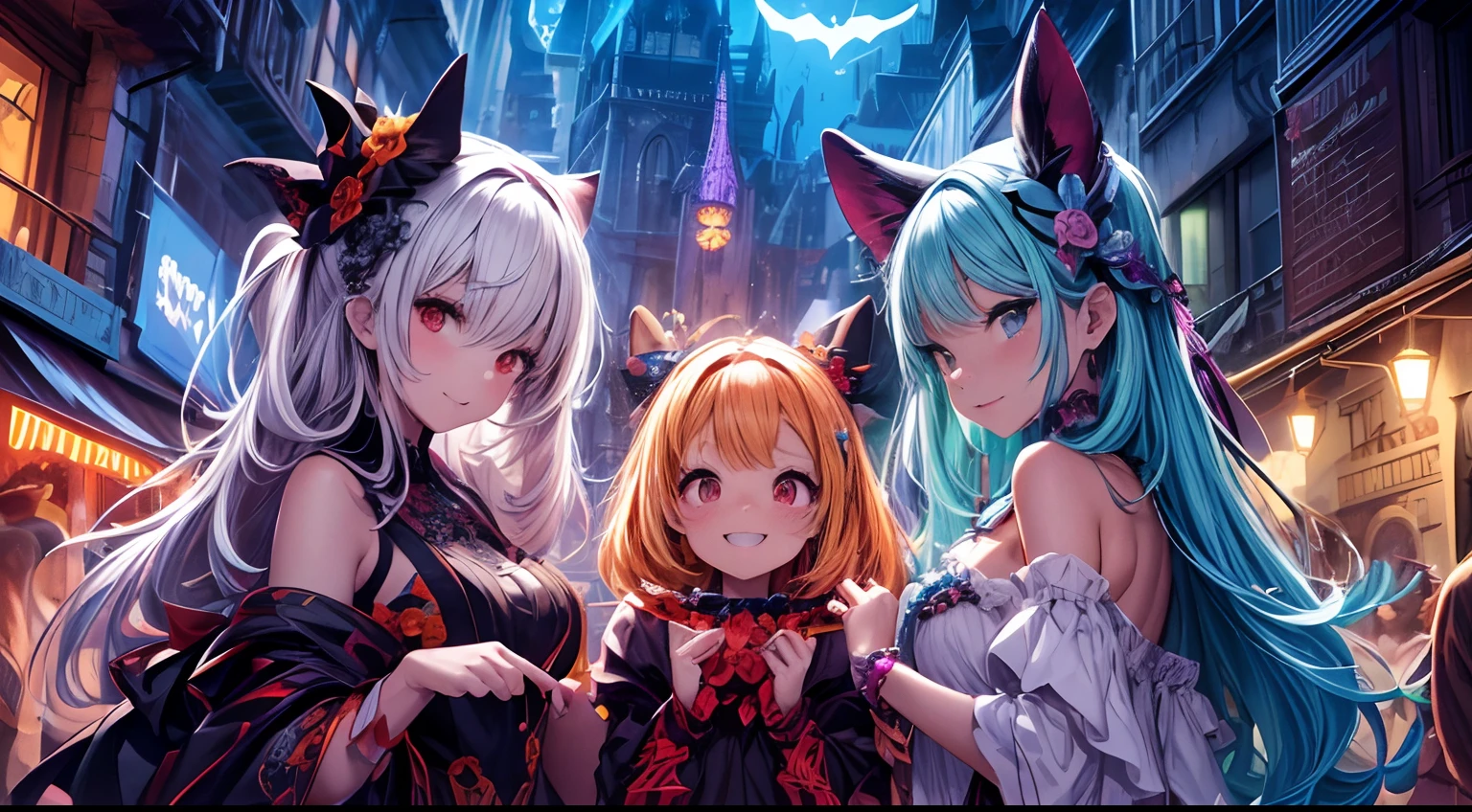 the ultra-detailed, high high quality, 4K, 8K, and masterpiece level (1.2) Tips for a cartoon-style Halloween extravaganza, Featuring jack-o-lanterns:
Vibrant Halloween scene, Energetic and eerie atmosphere, vibrant with colors、Richly detailed characters, Playful and whimsical vibes, Playful and charming cartoon style, lively expression, Exaggerated and expressive facial features, Bright smile and mischievous smile, Glowing, Beautifully carved jack-o'-lanterns,Hideous-looking, Flashing candlelight inside a jack-o'-lantern, Shadows dance around, Eerie moonlit night, The eerie moonlight casts shadows, Enchanting forests and towering trees, The golden and orange leaves fall gently, Bats fly gracefully in the dark sky, Witches soar through the air on broomsticks, Vibrant clothing and unique designs, Kids dress up as a variety of Halloween creatures, Cheerful and eerie music filled the air, Soody house,The exterior décor is very creative, Cobwebs and spiders decorate the scene, The eerie and enchanting moon shines brightly, Ghostly figures float around, The excitement of trick-or-treating without sugar, Distribution of sweets and snacks, Bright neon lights illuminate the scene, A magical and otherworldly aura, Fantastical creatures roam the landscape, A sense of mystery and adventure in the air, Exciting energy and anticipation, Joy and excitement in the midst of festive celebrations, A visual spectacle that delights and awe, A masterpiece of Halloween art.