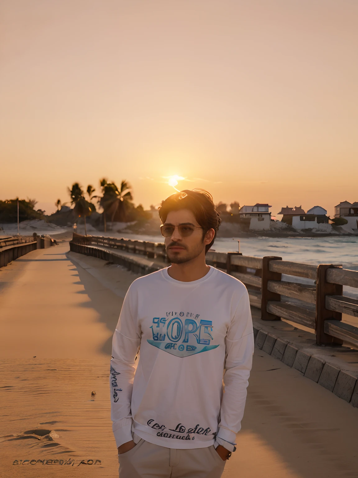 Change the background into a sea beach at the time of sunset remove the bridge from the background, realistic face , 8k , ultra realistic