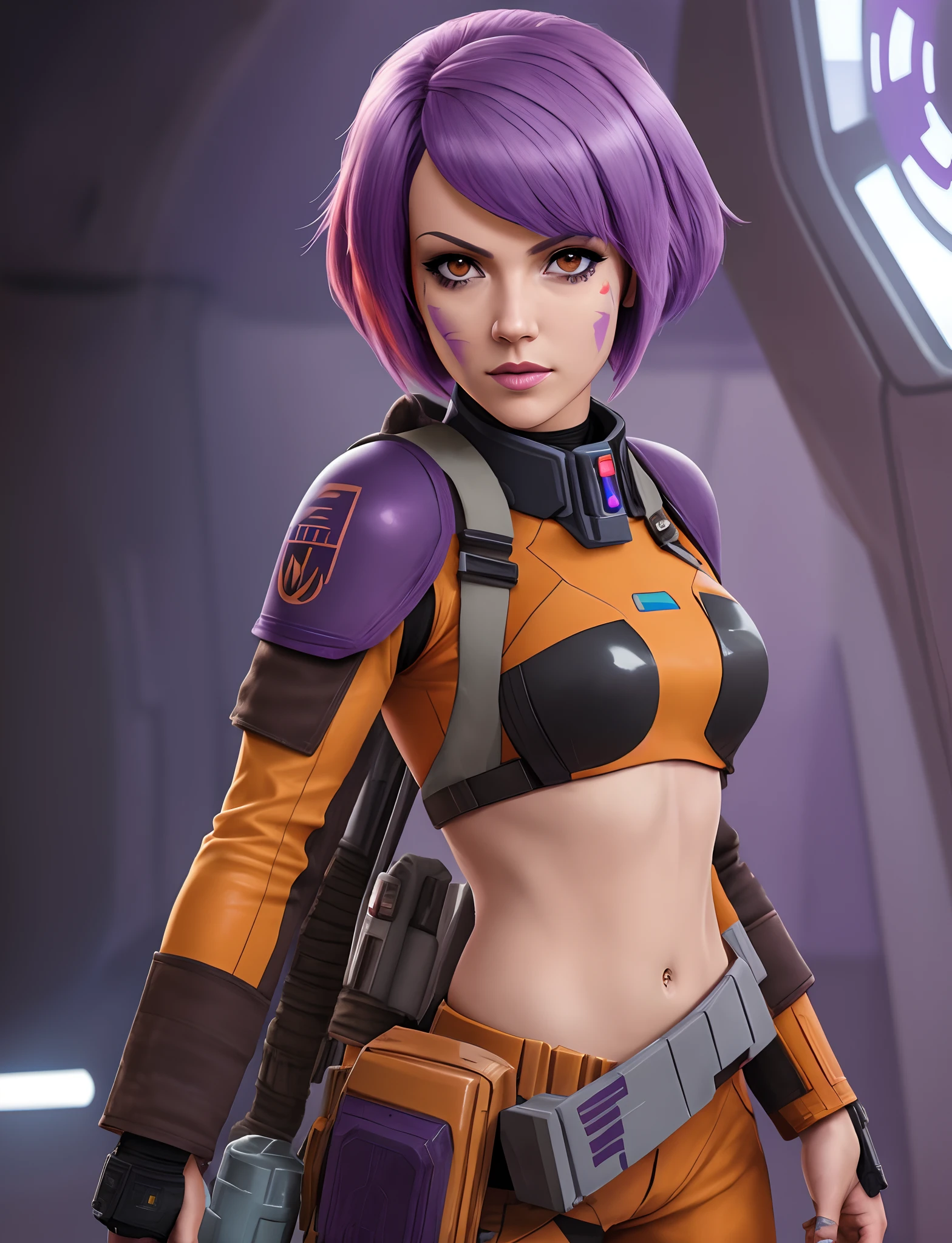 Sabine Wren, Star Wars Rebels, naked, spaceship background, purple hair orange streaks