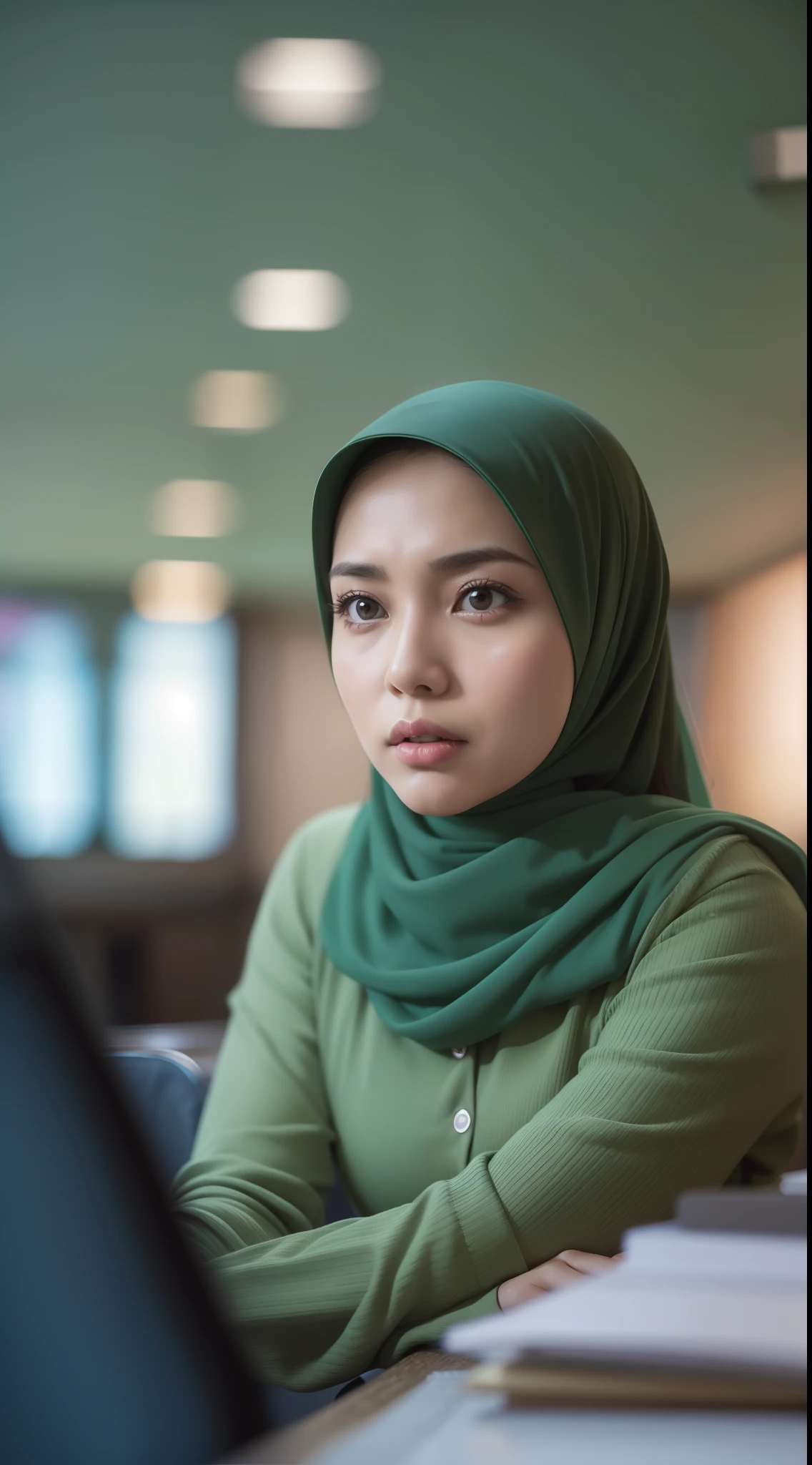 Beautiful fair skin matured malay girl in hijab seating in meeting room angry, 45 years old, milf, angry pose, angry face, meeting room, morning, wearing hijab, pastel color hijab, green office outfit, green suits, small tits, small breast, flat chest, wide waist, beer belly, thick thighs, Super 8mm lense, Extreme close-up, Cross-Processing color grading, starbursts, adventure movie scene, Fluorescent light, Low-key lighting, high quality, ultra detail, 8k resolution,