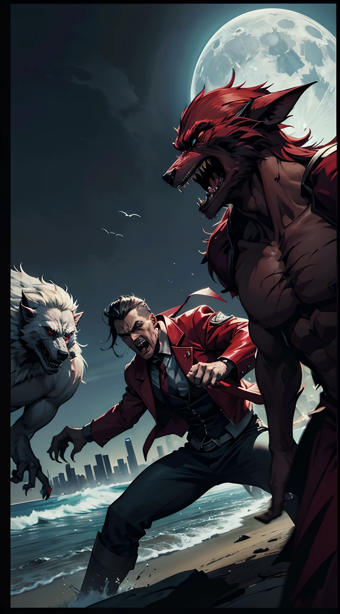 (papel de parede 8k extremamente detalhado), A cinematic poster with 3 vampires wearing medical coats fighting dozens of werewolves in the middle of the big city with the moon and beach in the background