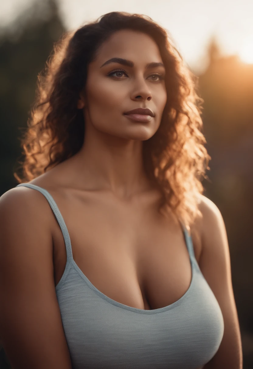Curvy mixed-race woman with beautiful breasts and sky blue eyes