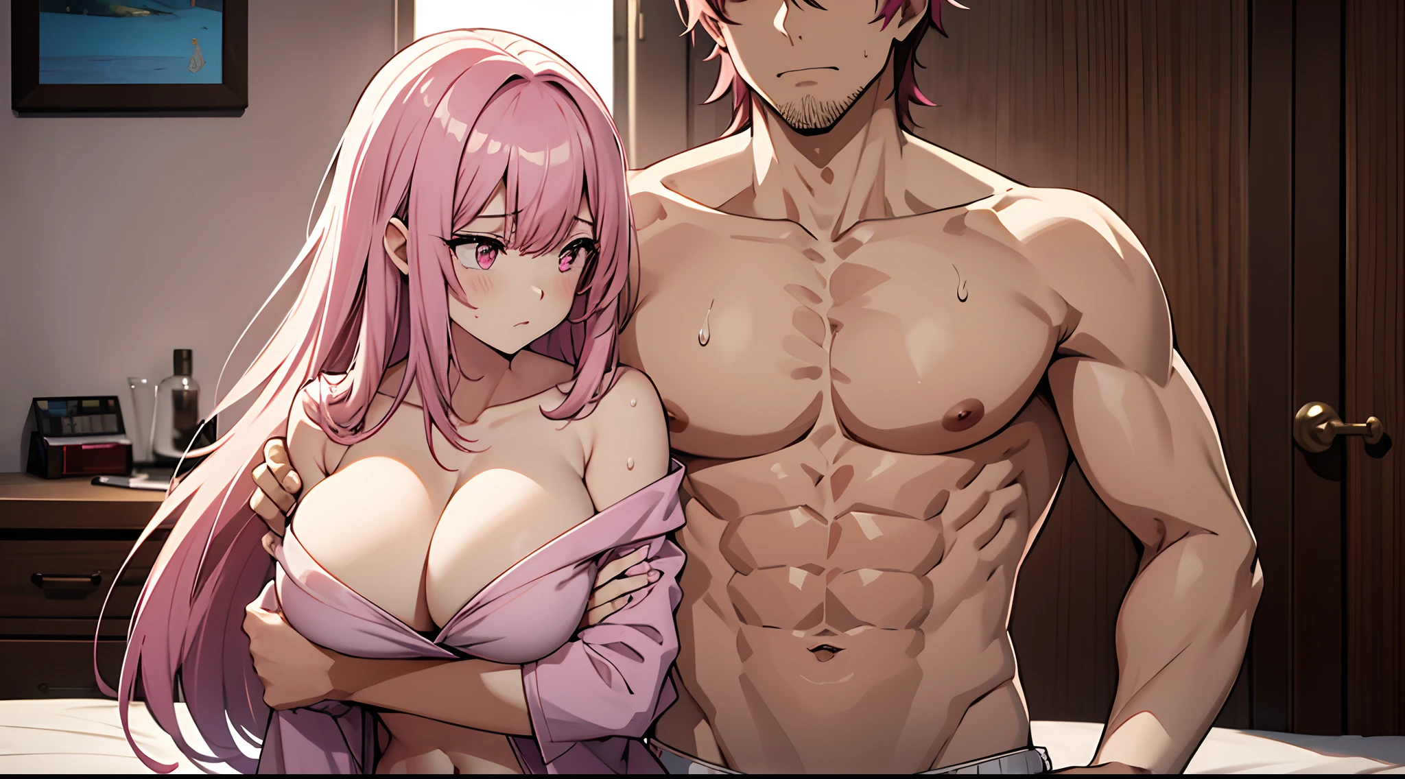 Anime, 4k, couple, 2person, pink long hair, bangs, pink eyes, huge breast, seductive, sexy, boy and girl, boy with abs, man and woman, 1 man, 1woman, body only man, cleavege, topless man, shirtless man, untidy outfits, sweat, hot, daddy , big boy, hugging each other, on the bed, pink hair man, pajama