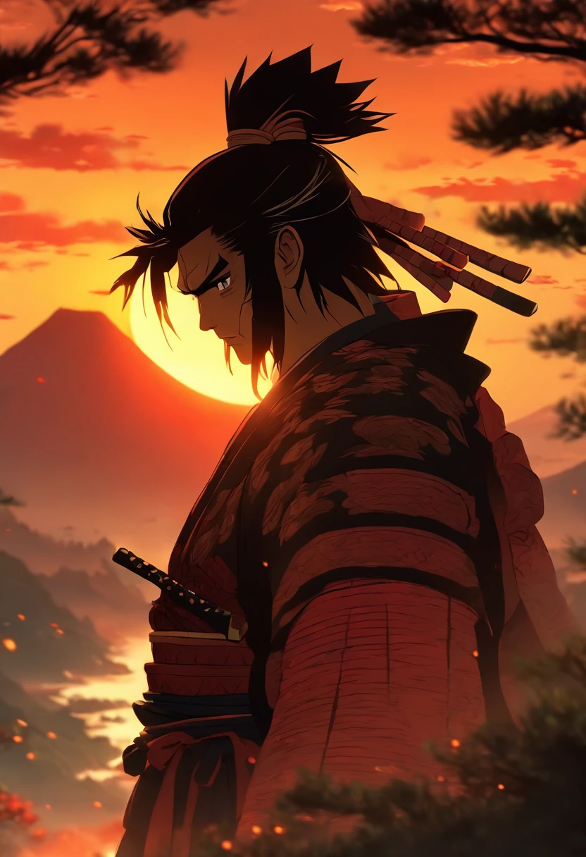Samurai stands at sunset in Japan and looks out in the distance, in dynamics, altamente detalhado, Repleto de detalhes escondidos, Estilo, high dynamic range, hyper realistic, dramatic light, Realistic attention to detail, altamente detalhado, 8k, UHD