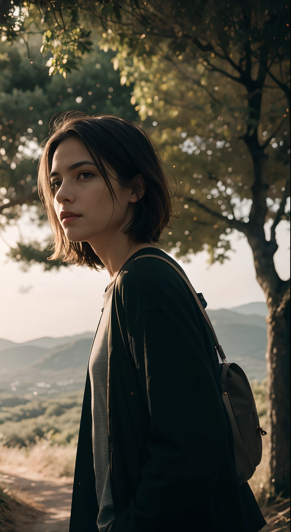 Vista traseira de uma pessoa, destacando os ombros para cima. The camera is positioned at a medium height, Capturing the scene from a slightly upward-sloping angle.
a person is standing, Vestida com roupas casuais, Looking forward to a decision, Contemplative expression on his face. The person's hair is slightly swayed by the wind, suggesting a moment of reflection in the midst of nature. The background of the image shows a path that extends ahead, simbolizando o futuro, Surrounded by trees and verdant greenery. The path is illuminated by a soft, luz dourada, indicando um novo amanhecer ou entardecer, Moments of Transition and Possibility.
The scene is illuminated by a soft, luz natural, vinda de frente para a pessoa, creating a backlit effect that highlights the silhouette and adds a dramatic and inspiring tone to the image. Add a slight blur effect to the background to bring more focus to the person and the path ahead. Adjust the color balance to bring out the gold and green tones, criando uma atmosfera calorosa e acolhedora. Inspirado no estilo de fotografia de retrato e paisagem, blending realistic elements with a touch of surrealism to enhance the theme of reflection and personal growth. Use references from work by photographers like Steve McCurry, Conhecido por suas imagens impactantes e emocionalmente cheias, and Gregory Crewdson, that creates cinematic scenes with meticulous lighting.