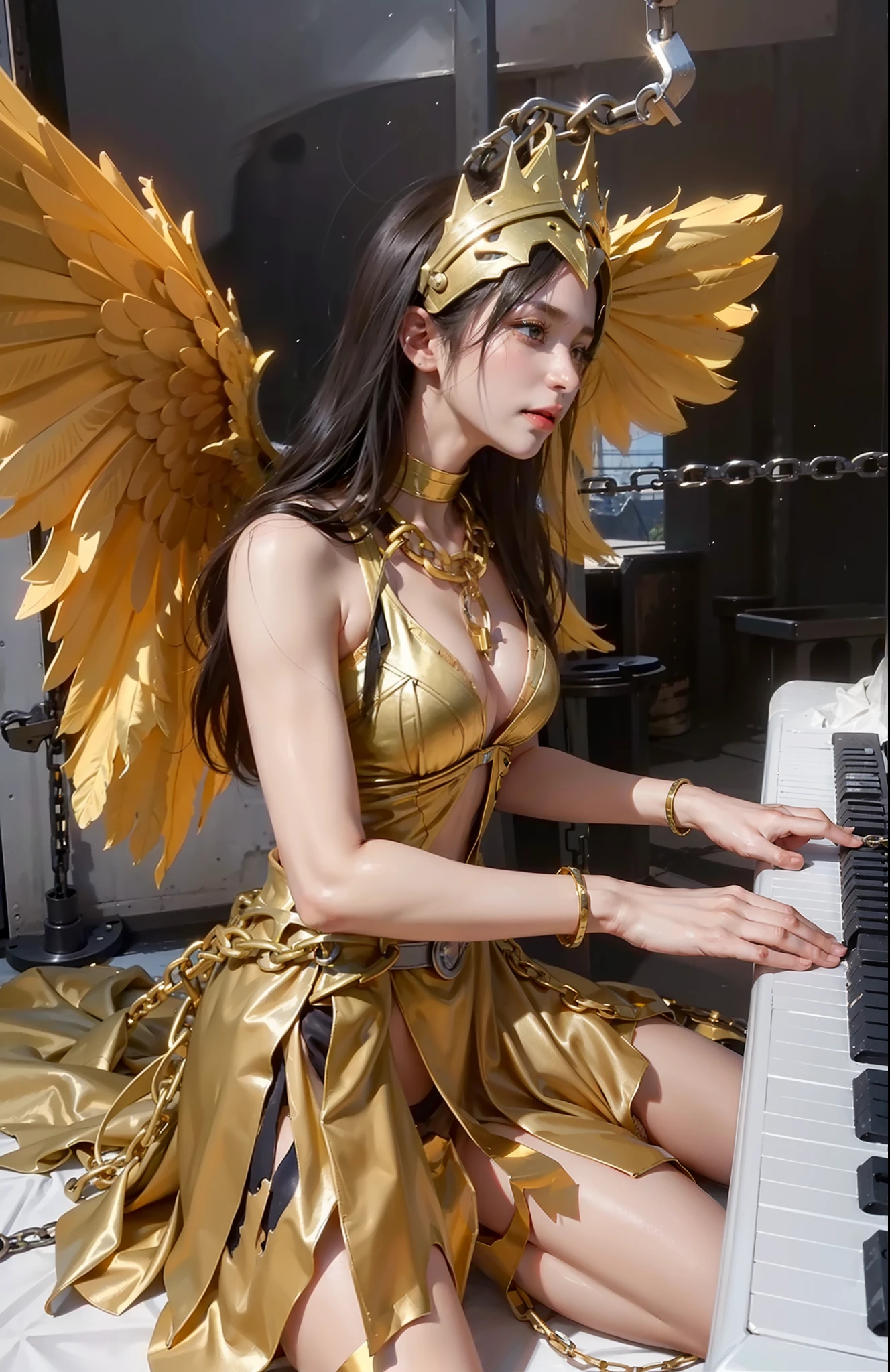 ,((Wearing a torn sheer costume of a superheroine)),(, No bra)), Wet crotch, Wet thighs, Beautiful girl with accentuated slender abs: 1.4, (((nipple tips protruding, areola is protruding, The shape of the pubic region is clearly visible)), sixpack abs: 1.4, Bust Botox, Photo, Sharpness, Unique 850 4, Koda850 k portrait camera, F1.6 shots, Ultra-realistic textures, Spectacular light textures, Cinestil 800 Fashion Mechanics, (futuristic sci-fi battle fashion: 1.1), (tied perfectly by chain), Restraint, Slaves, collars, ((wide prison with sunlight)), Dark fantasy, Realistic material details, extreme hight detail, Ultra-realistic materials ((Torn costume))), Wet, Cloudy, (Chained)), ((big emphasized by chains)), ((chains digging into crotch)), ( (Collar)), (, No bra), shredded costumes, broken golden shields and battle spears,, White combat gloves, Combat shoulder armor, Blood splattered on the face, Blood splattered, Realistic, (Bruises, Dirty, ripped clothing, skimpy clothing, Blood: 1.3),  Torn Cape, Torn pantyhose, Long legs, ((iron pipe in the crotch)), Metallic shackles and fetters, ((chains hung from heaven)), Wet crotch is clearly visible, Swarovski's sword and the anatomy beneath his feet, (futuristic sci-fi battle fashion, Torn mesh stockings)，