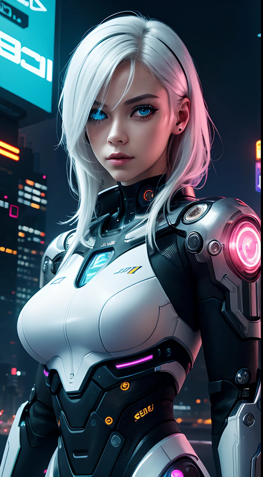 cyborg girl, robot hand, hazel eyes, cyberpunk city background, neon light, white hair, masterpiece, ultra high details
