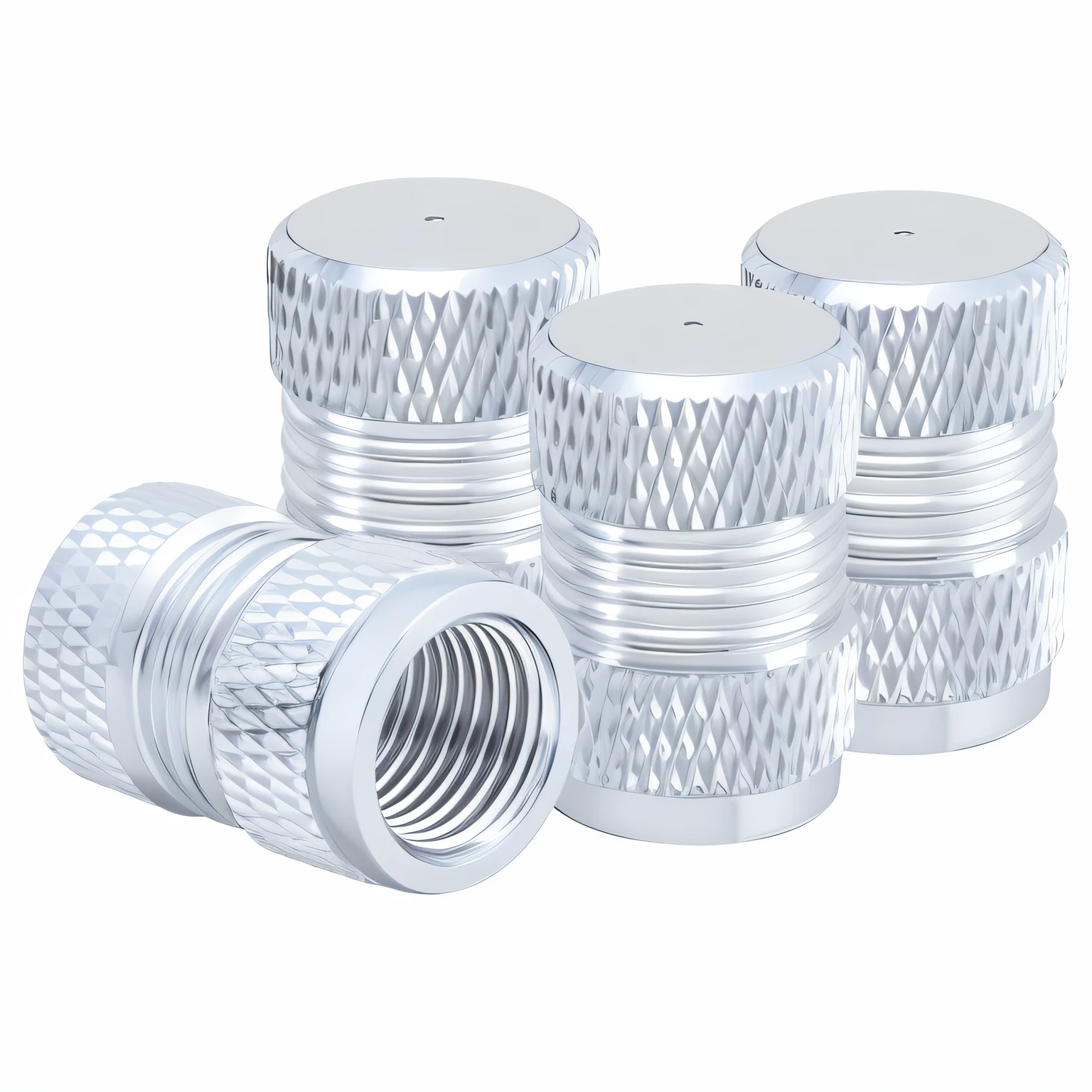 Close-up of a bunch of silver metal knobs on a white background, aluminium, Aluminum, high quality product image”, silver chrome color, product image, Inspiration, author:Julian Allen, Shiny silver, chrome plating, clear detailed view, Product photo, no gradien, Chrome motorcycle parts, High quality detail, 28mm, 2 8 mm, flat shaped chrome relief