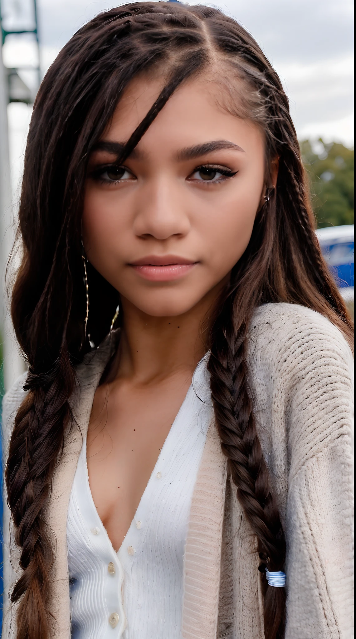 ((Best quality, 8k, Masterpiece :1.3)), 1girl, Pretty woman , (Medium-long hair, Small breasts :1.2), Cardigan :1.1, Ultra-detailed face, Detailed eyes, Double eyelid, zendaya, Box Braids hairstyle, black hair.