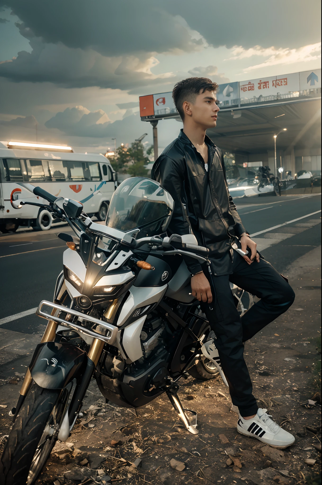 Boy with bike futuristic background realisti c face 8k ultra high quality hd