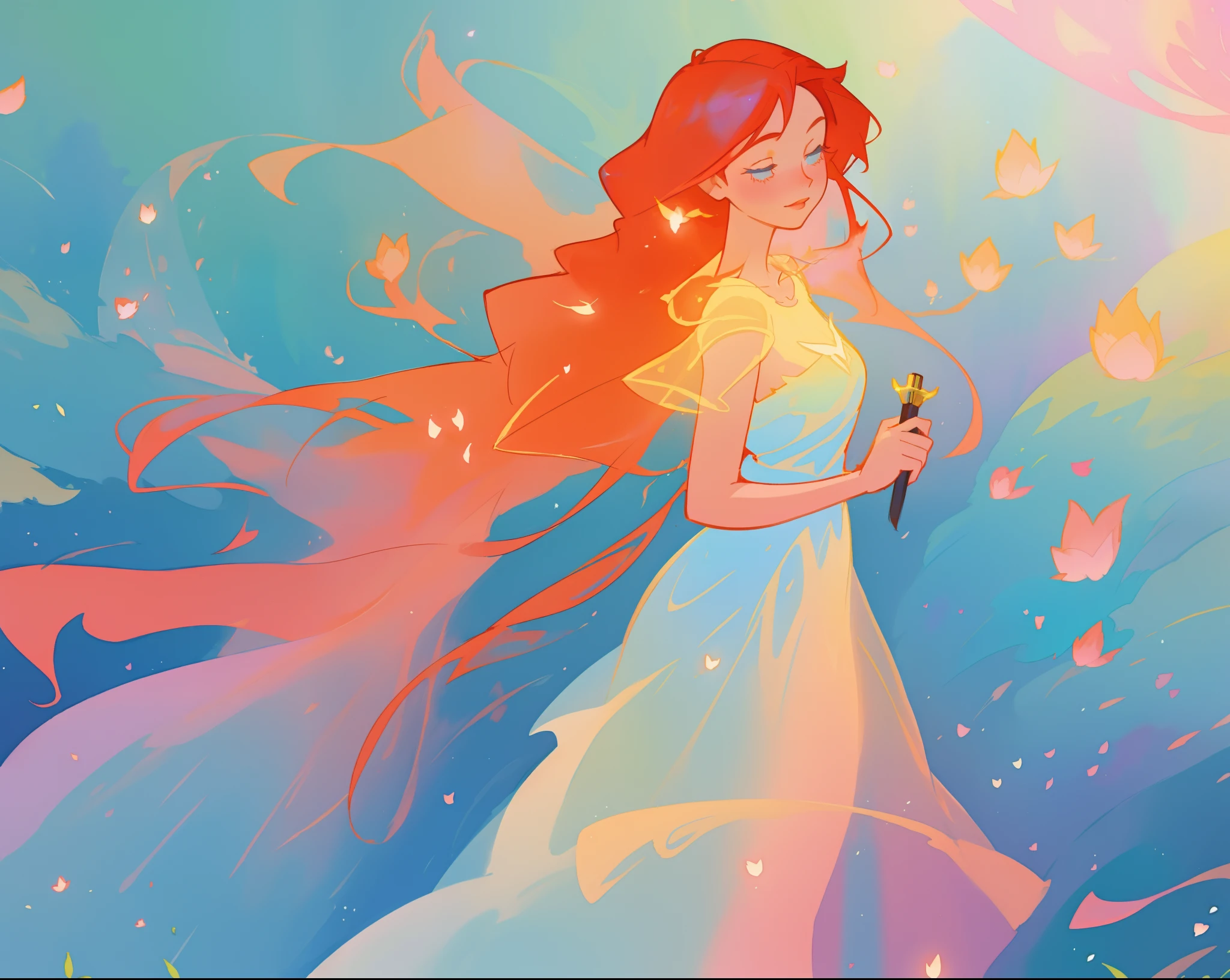 beautiful girl in flowing shimmering dress, fairy dress, long red hair, magical, whimsical, watercolor illustration, flowers and colorful plants, inspired by Glen Keane, inspired by Lois van Baarle, disney art style, by Lois van Baarle, glowing aura around her, by Glen Keane, jen bartel, glowing lights! digital painting, flowing glowing hair, glowing flowing hair, beautiful digital illustration, fantasia otherworldly landscape plants flowers, beautiful, masterpiece, best quality, anime disney style
