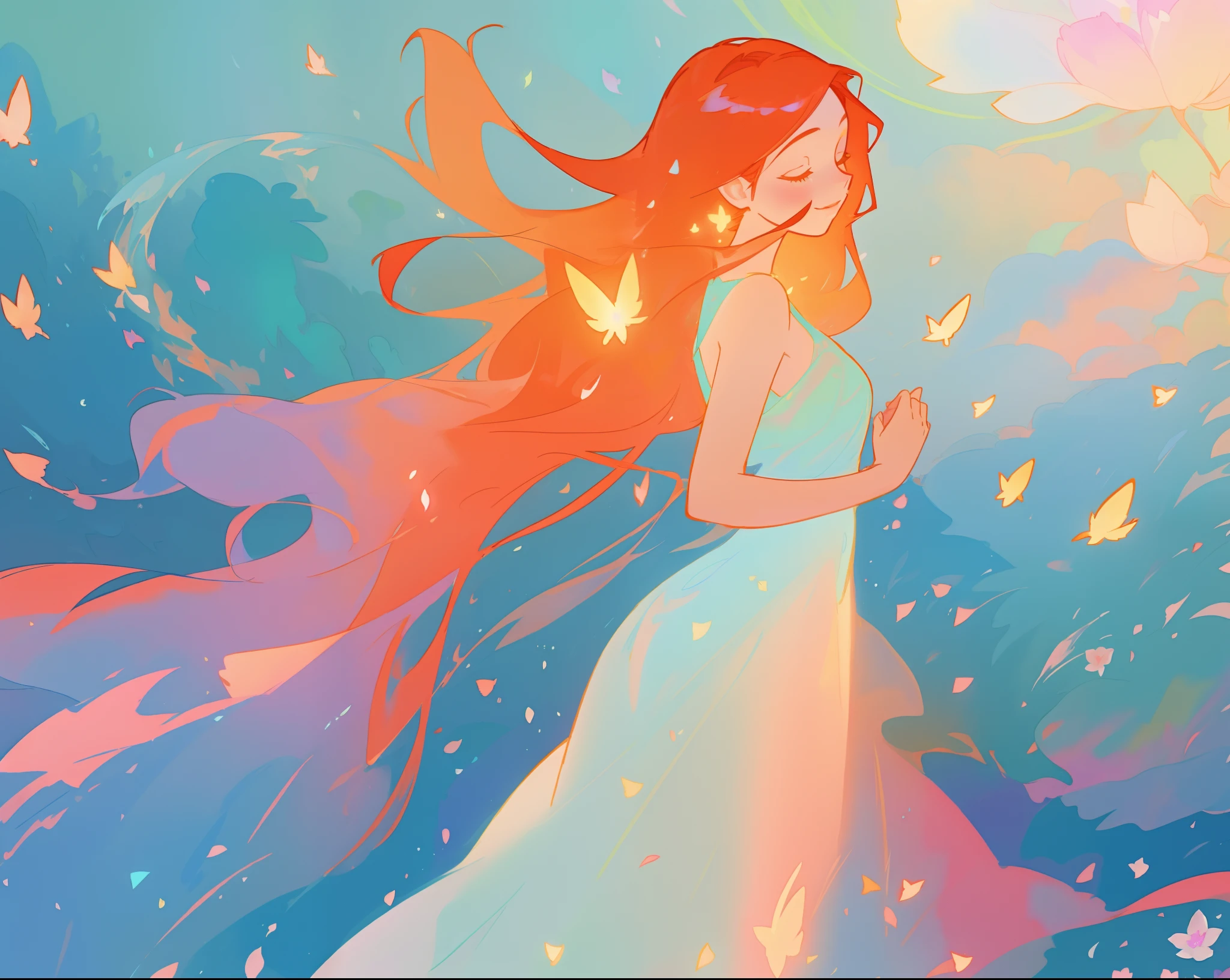 beautiful girl in flowing shimmering dress, fairy dress, long red hair, magical, whimsical, watercolor illustration, flowers and colorful plants, inspired by Glen Keane, inspired by Lois van Baarle, disney art style, by Lois van Baarle, glowing aura around her, by Glen Keane, jen bartel, glowing lights! digital painting, flowing glowing hair, glowing flowing hair, beautiful digital illustration, fantasia otherworldly landscape plants flowers, beautiful, masterpiece, best quality, anime disney style
