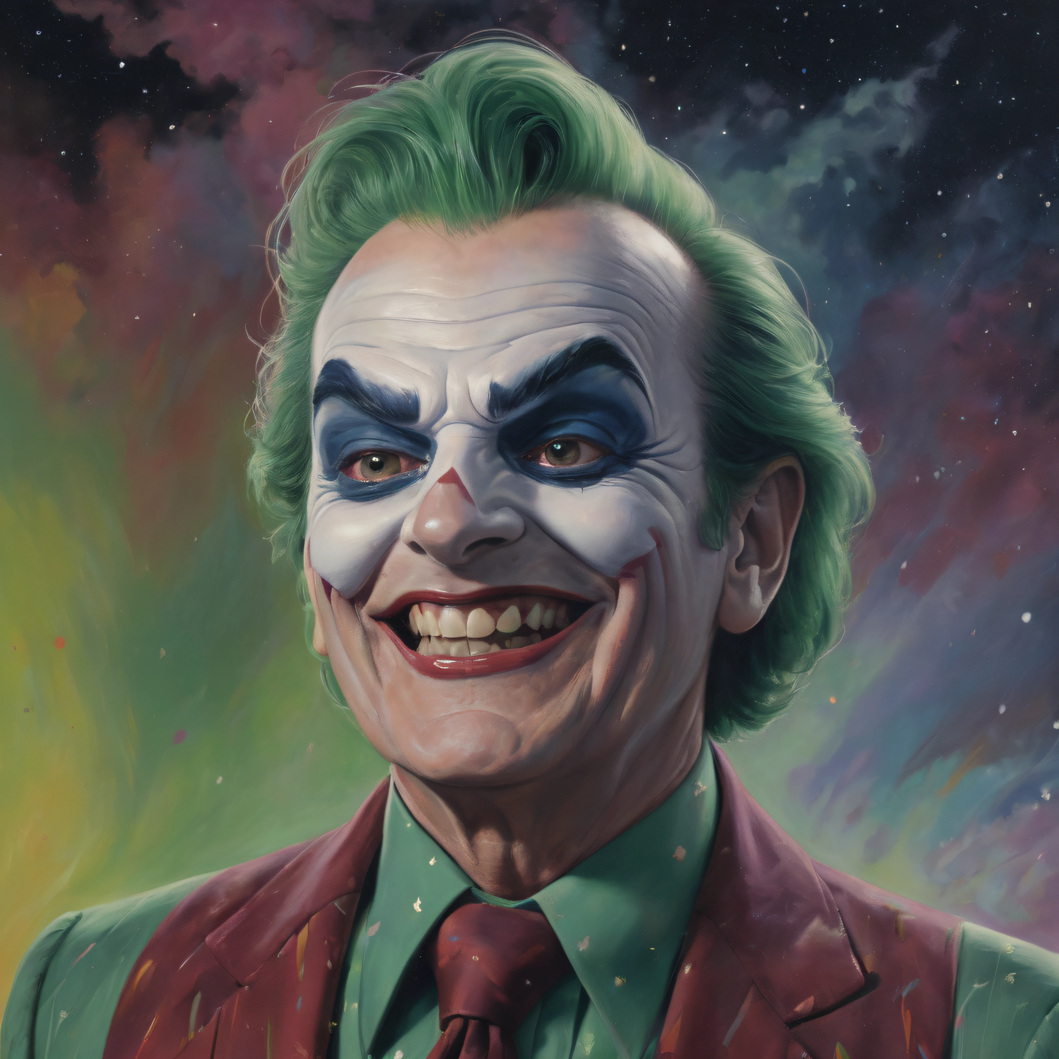 half body image, portrait of Jack Nicholson as the Joker with white face paint, red lipstick, short, green hair and eyebrows, shadowed eyes, Laughing maniacally, multicolored suit and tie, multicolored vest, multicolored shirt, extremely colorful, planets and stars and galaxies, in the background, Multicolored lightning, fog, and clouds, oil painting on canvas in the art style of Boris Vallejo