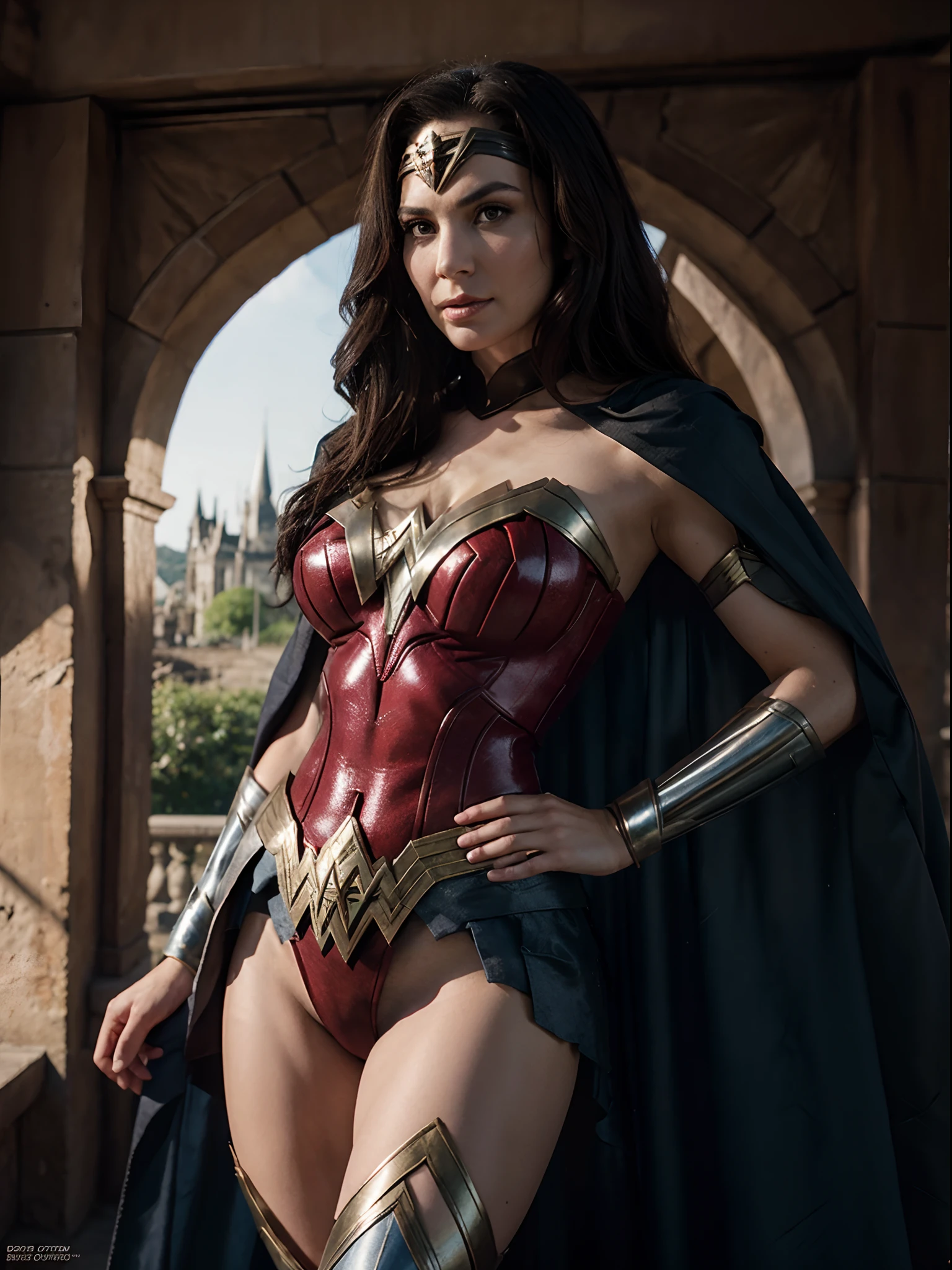 Wonder Woman with the Evil Queen's gaze, com grandes bustos, traje preto transparente, ela se senta em um tronco grande e grosso