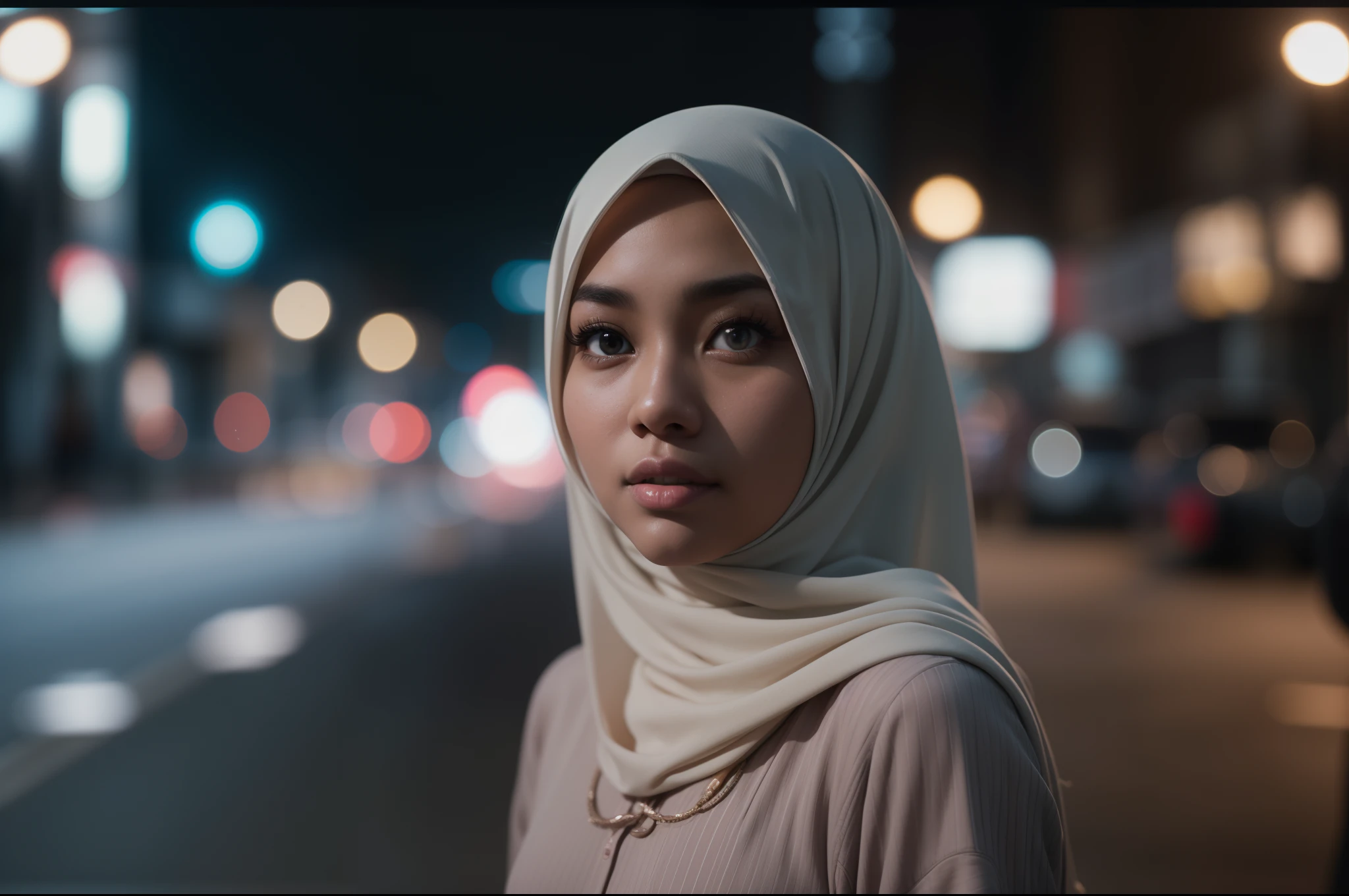 Craft a cinematic film still of a Malay girl in hijab sitting by a cozy cafe window, gazing outside at the rainy city streets. Use soft, diffused lighting to enhance the mood of reflection and contemplation