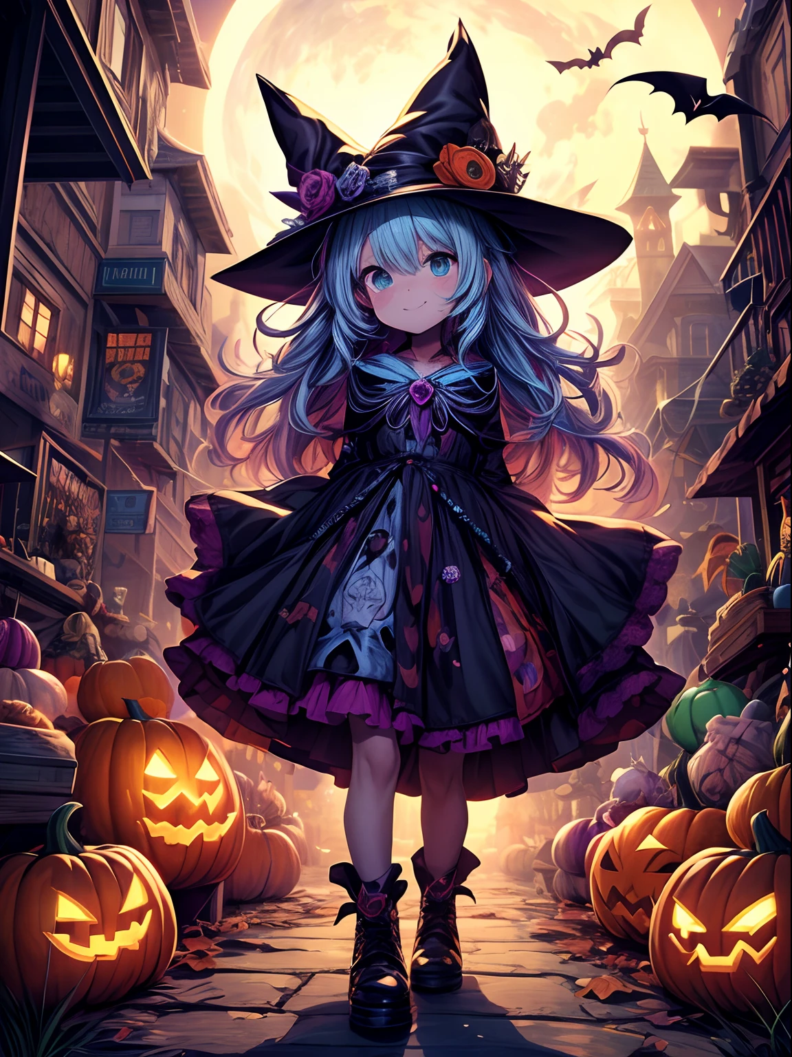 (best quality,highres,masterpiece:1.2),ultra-detailed,creative Halloween, cartoon style,colorful,playful,spooky characters, vibrant background, whimsical pumpkins, enchanted forest, magical atmosphere, haunted house, spooky moonlight, trick-or-treating, joyful and mischievous spirits,fun costumes,spiderwebs,candy corn,witches, ghosts, jack-o'-lanterns, trick-or-treaters,witches' brew, mystical potions,magical cat, full moon, mysterious shadows, glowing lanterns, spooky laughter, cheerful skeletons, magical spells, bumbling monsters, mini-monsters, friendly ghouls, spooky bats, candy-filled cauldrons, laughter-filled Halloween night,never-ending excitement,creative decorations,playful mischief,happy Halloween