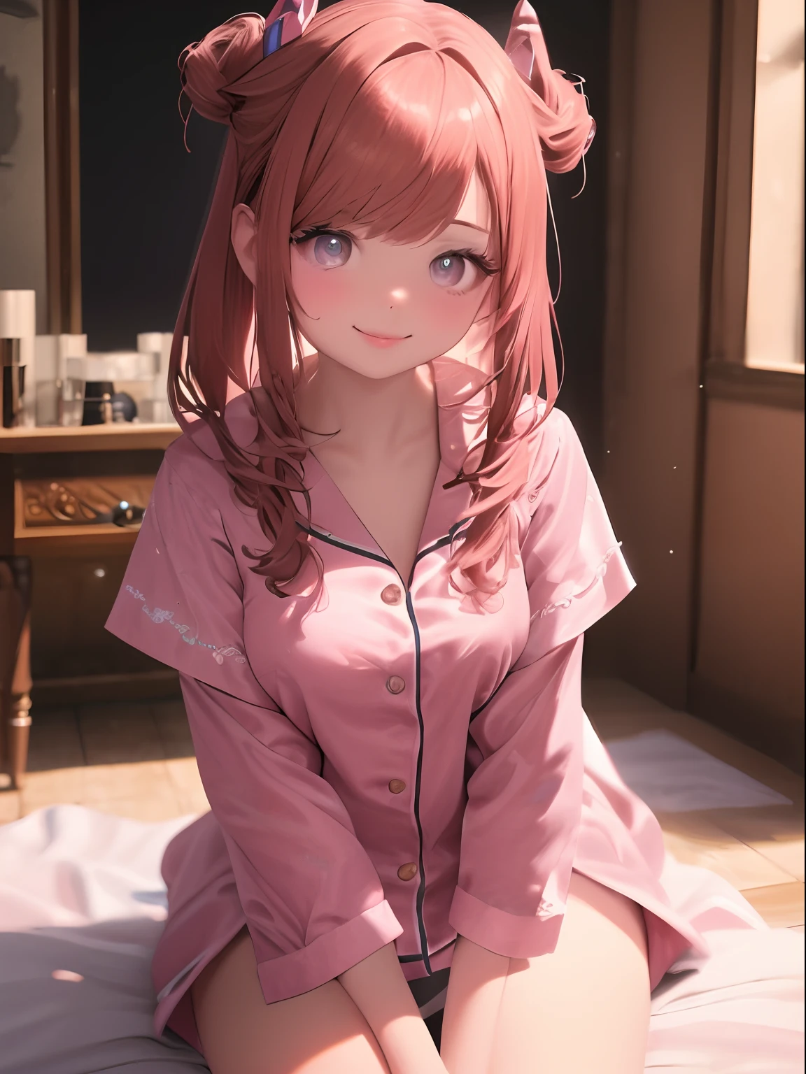 Surreal 8K CG，perfect faces，Impeccable perfection，Ren，tmasterpiece，Professional artwork，Famous artwork，Innocent ****************、(Wear ultra-thin cotton pajamas)、Wear small panties、sitting in a room、A smile、RAW photogr, (8K、top-quality、tmasterpiece:1.2)、(exquisitedetails:1.4)、(Light reality:1.4)、Octan Ren Zhengfei、Complex 3 D rendering, hyper-detailing, Studio soft light (Studio soft light), rim-light, vibrant detail, super detailing, realistic skin textures, Detal Face, Beautiful detail eyes, Highly detailed CG Unity 16K wallpaper, Makeup-, (Detailed background:1.2), shiny skins、turning around、Bare with thighs!!!、