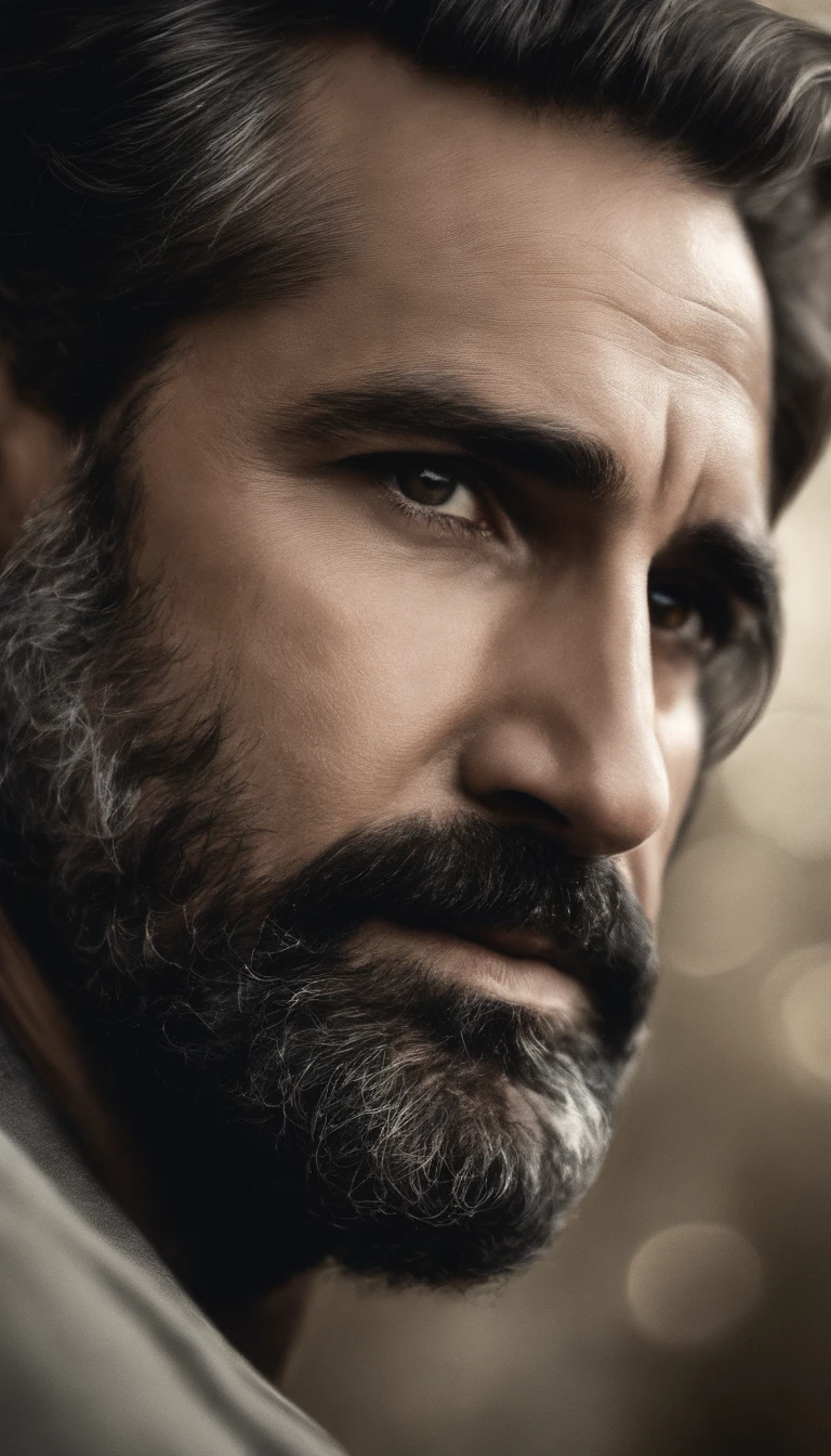 calma, pintura a tinta y acuarela, representando a un hombre con poca barba y cabello atado, mirada serena, Paz
