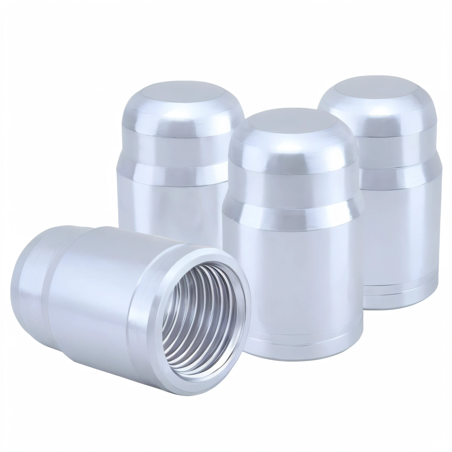 Three silver metal containers on a white background, aluminium, 1 4 mm, 14mm, 2 1 mm, 22mm, 12mm, 1 2 mm, 40mm, 4 0 mm, 40 mm, 7 0 mm, 70mm, 70 mm, 2 4 mm, 24 mm, maxar, 24mm,3D立体