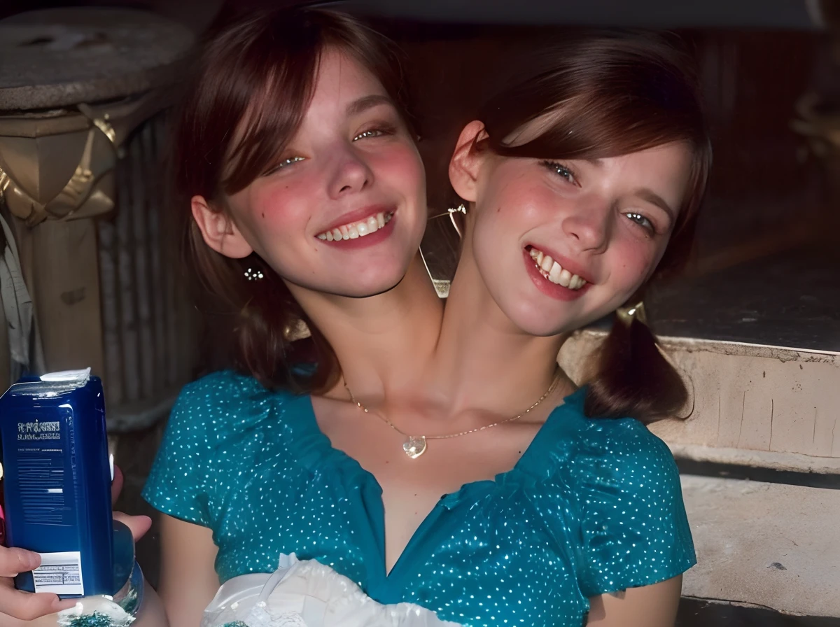 2heads, two headed girl, (one torso:1.5), pale skin, Scottish redhead, wearing braces, pretty, gorgeous ager, white girls, different ages, (two heads on one body:1.4), (first head uncomfortable:1.5), (second head unhappy:1.5) conjoined twins, heads side by side, one torso, young, uncomfortable, barefoot, braces, enormous breasts