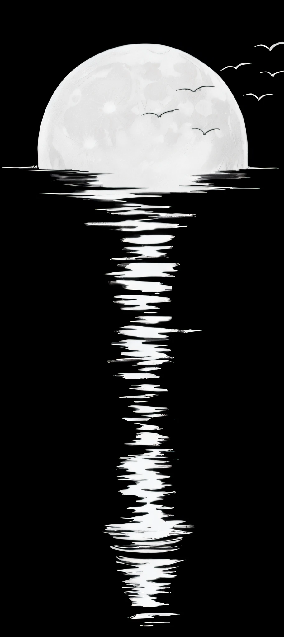 a drawing of moon reflection, ocean, night, moonlight, greyscale, monochrome, black and white,