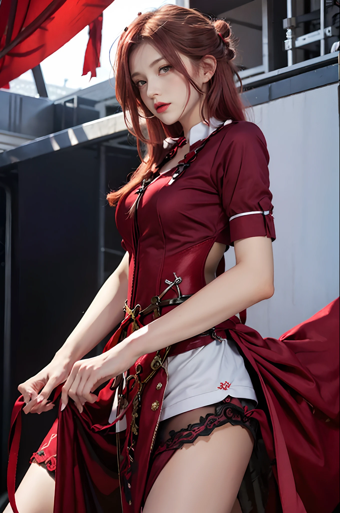 Outrageous, Best quality, 1girll, Solo, Red hair, Purple eyes, Long hair, , ahBunny，Red corset, gakuran, aprons, red neck ribbon, Red skirt, Hair Bow, Short sleeves, Wrist cuffs, White thighs, Jingle bells