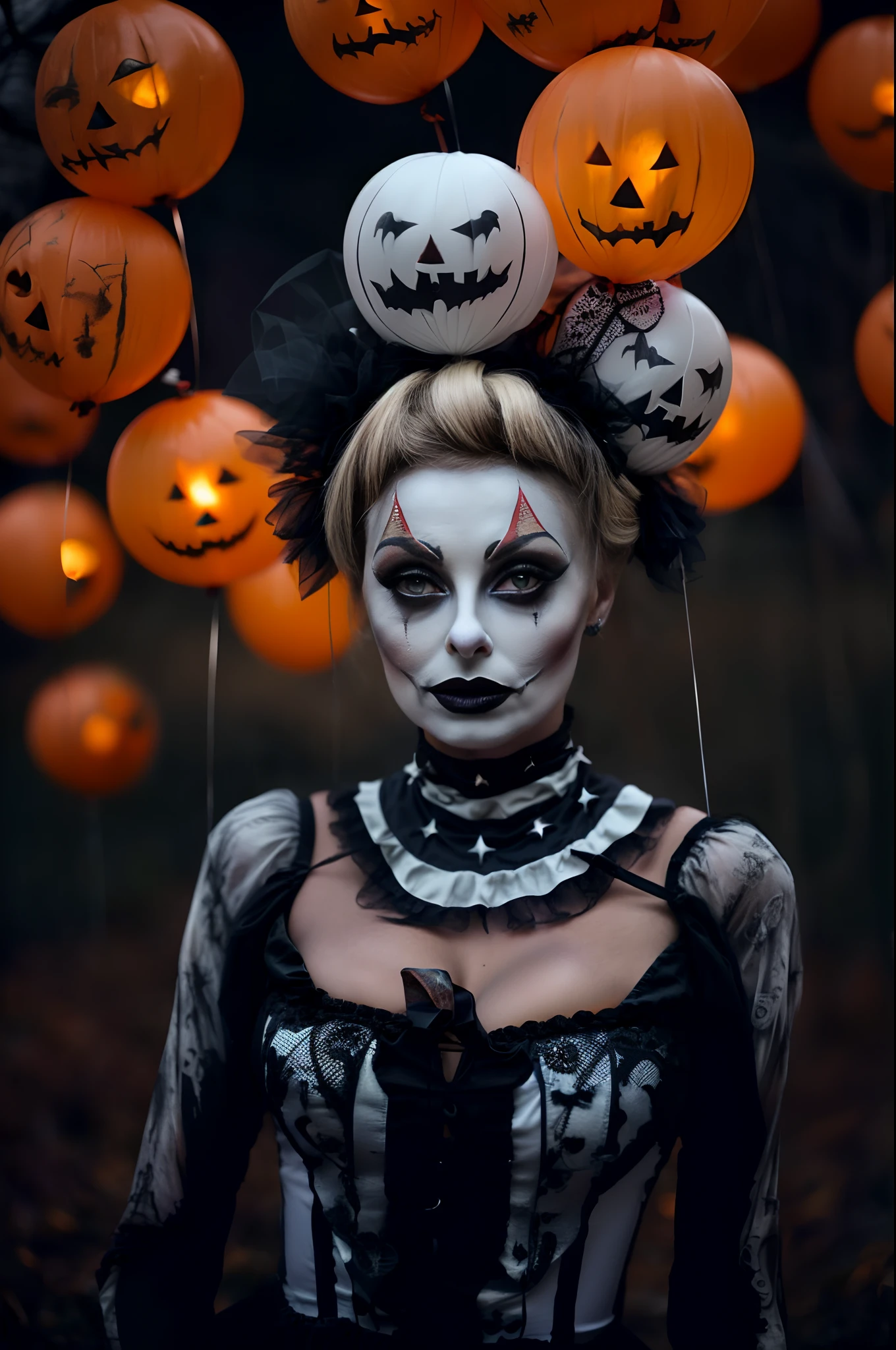 (Sophia Loren) with halloween makeup and balloons in the air, halloween art style, intricate clown makeup, scary look, intricate voodoo makeup, alluring and terrifying, scary style, goth clown girl, dark and horror style, gothic horror vibes, in a halloween style, beautiful with eerie vibes, white face paint, white facepaint, halloween theme, bubble goth makeup