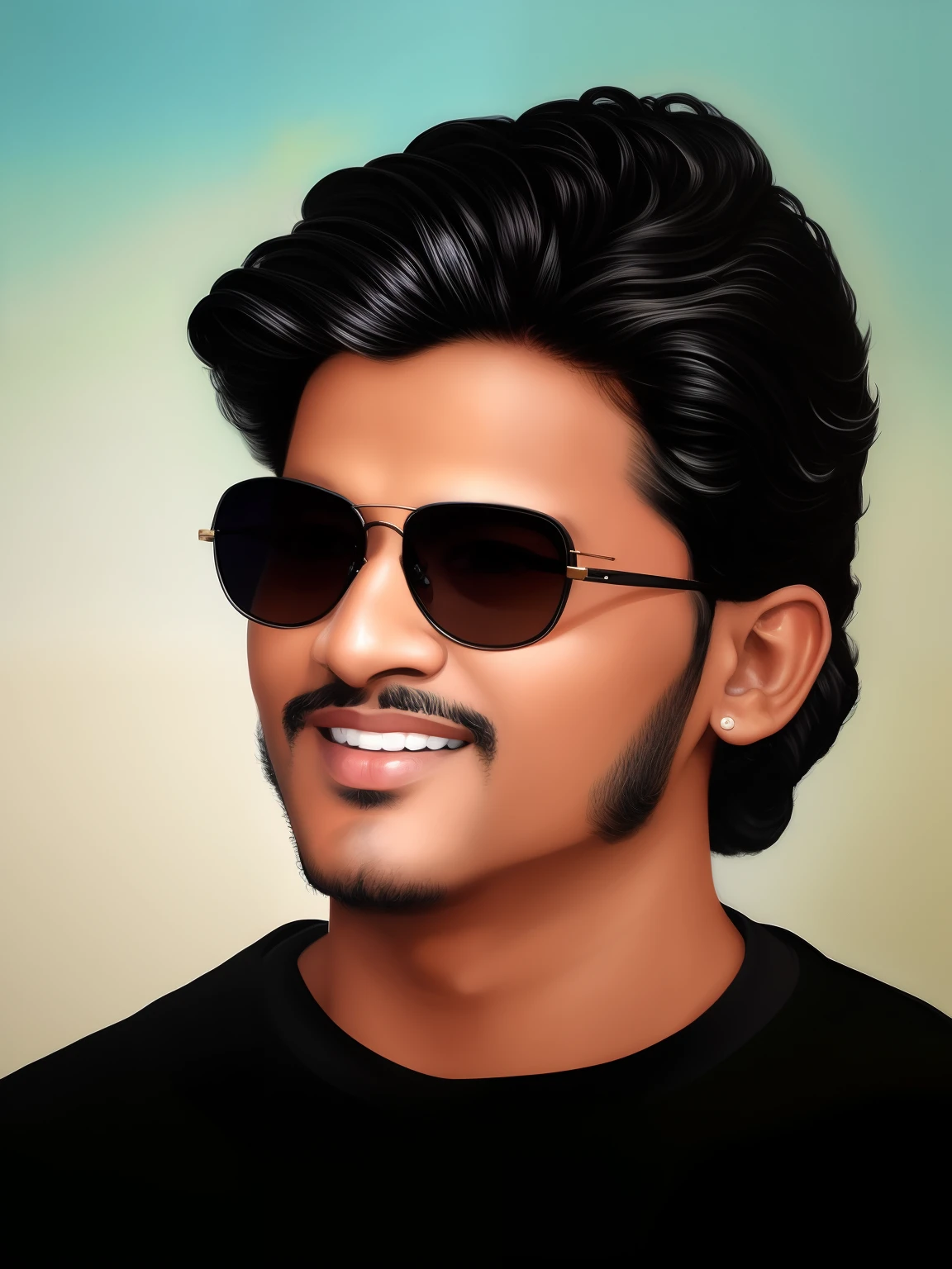 a close up of a man wearing sunglasses and a black shirt, inspired by Bikash Bhattacharjee, inspired by Thota Vaikuntham, jayison devadas style, #1 digital painting of all time, # 1 digital painting of all time, airbrush digital oil painting, nft portrait, photorealistic!!!!!!! art style, high quality portrait