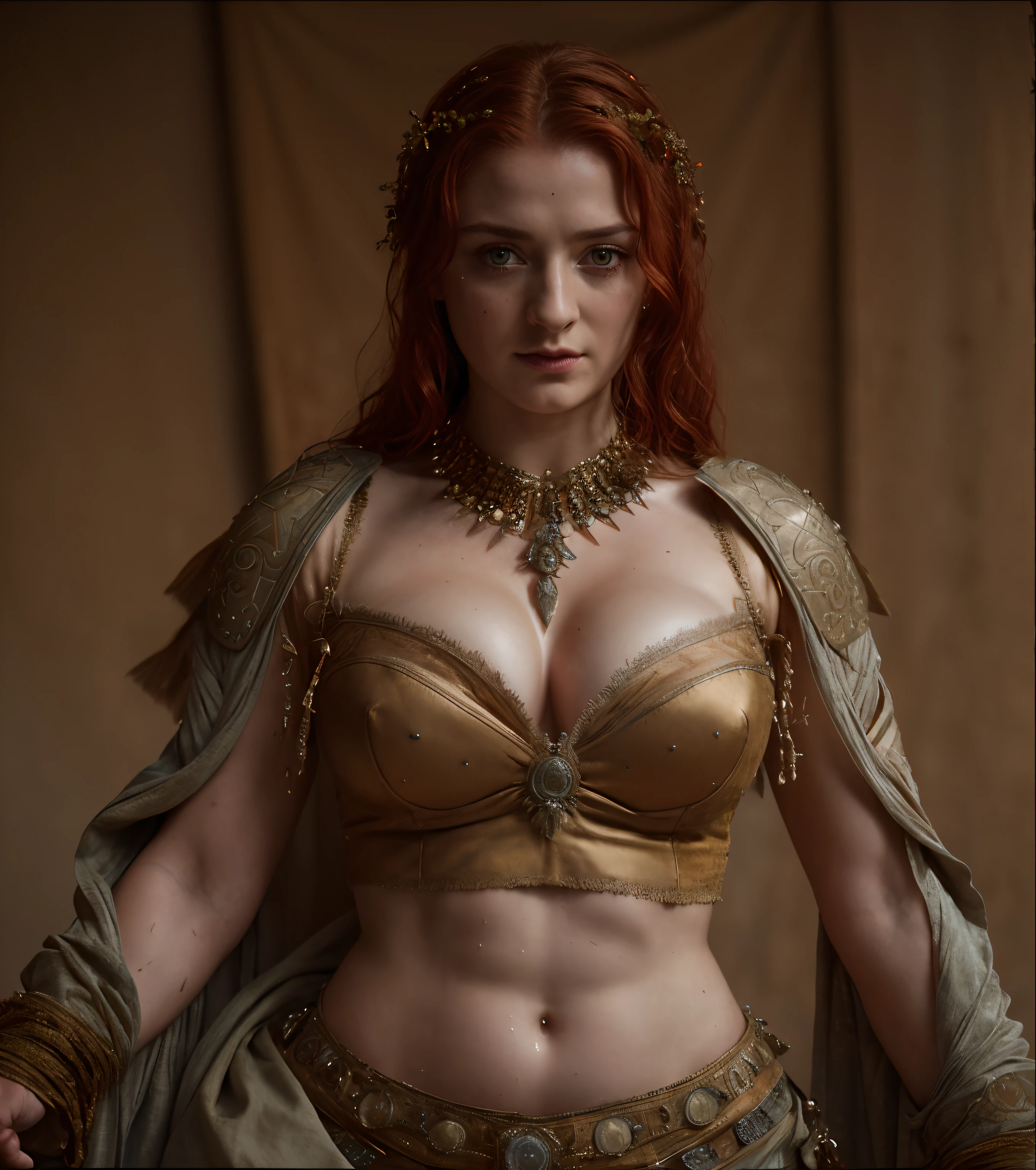 Sansa Stark, Gladiator dress, Full body shot,Mediaeval epic Battlefield background,erotic warrior costumes,standing alone,after battle, fierce looks,one hand up with sword, detailed hairy armpits, victory pose, blood in sword,Standing bravely after battle,battle movie scene,cinematic colour grading,blood stains in dress,fought the battle dominantly,Sansa Stark PLAYED BY Sophie Turner,Queen SANSA STARK,mature,milf, sexy mediaeval battle dress,gladiator woman,body,45 yo Woman,revealing costumes,perky breast,alluring figure,big natural breast,mediaeval costumes,mediaeval queen dress,erotic costumes,lusty physique,((detailed face)), ((detailed facial features)),(finely detailed skin), pale skin,(in a highly detailed sexy mediaeval dress,soft natural light,wet skin,(cool colors), damp, reflections, (masterpiece) (perfect aspect ratio), (realistic photo), (best quality), (detailed) photographed on a Canon EOS R5, 50mm lens, F/2.8, HDR, (8k) (wallpaper) (cinematic lighting) (dramatic lighting) (sharp focus) (intricate), RAW photo, RAW photo, gigachad photo,8k uhd, dslr, high quality, film grain, Fujifilm XT3, extremely detailed,photorealistic, realistic,incredibly absurd, highly detailed, sharp focus,(Professional Studio Lighting),(Professional Color Grading), Edge Lighting,Dramatic lighting,Cinematic lighting,Lumen reflections, Soft natural lighting, Soft color, Photon mapping, Radiosity, (Beautiful eyes), (Detailed eyes), (Detailed face), symmetrical eyes, sharp eyes, cold face, full body), (HIGH LEVEL OF DETAIL),(wet, oil-lubricated),(sweaty),large breasts, high detailed skin, uncharacterized texture, hyper detailed, realistic skin texture, armor, best quality, ultra high res, (photorealistic: 1.4) high resolution, detailed, raw photo, sharp re, by lee jeffries nikon d850 film stock photography 4 kodak portra 400 camera F1.6 Lens rich colors hyper realistic texture dramatic lighting UnrealEngine trend in Artstation Cinestill 800, veins in the body, (body and fitness).