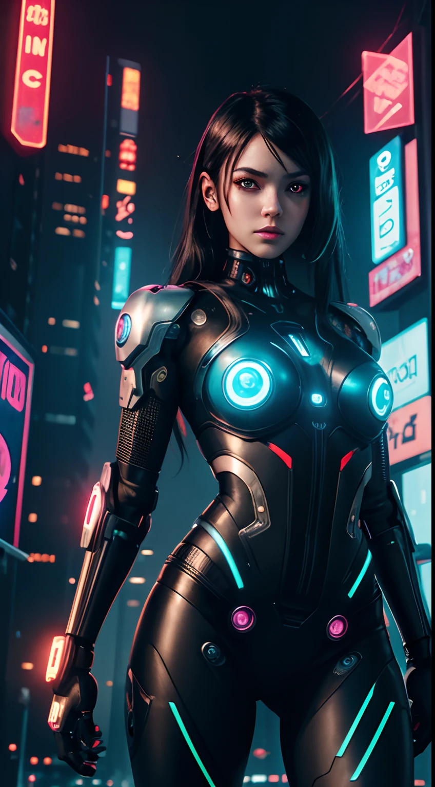 cyborg girl, robot hand, hazel eyes, cyberpunk city background, neon light, black hair, masterpiece, ultra high details