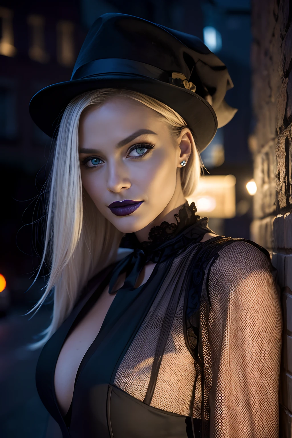 (Selfie, plan: 1.4), (Right half of the body: 1.4), RAW UHD portrait photo of a 24 year old blonde European woman (Femme aux yeux bleus) marcher dans une ruelle sombre, Halloween Costume, Ville la nuit, (rocher), (encolure), specifics (tissu! , cheveux! , briller, couleur!! , disadvantages: 1.1), Bright eyes with a high level of detail (staring into the camera), SLR lighting, Appareil photo reflex mono-objectif, ultra quality, re sharpness, profondeur de champ, Filmkorn (milieu), Fujifilm XT3, Limpide, Rahmenmitte, beau visage, mise au point nette, street lamp, Neonbeleuchtung, Bokeh (dimly lit), Nuit, (Ciel nocturne), detailed skin pores, peau grasse, coup de soleil, intricate eye details, corps entier entier, gros seins, souriante, flirts with the camera, Dressed in a ghost Halloween costume , Halloween Ghost, maquillage halloween, sourire, (Marilyn Monroe:0.2)