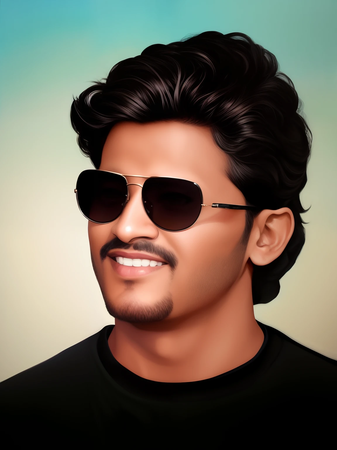 a close up of a man wearing sunglasses and a black shirt, inspired by Bikash Bhattacharjee, inspired by Thota Vaikuntham, jayison devadas style, # 1 digital painting of all time, #1 digital painting of all time, airbrush digital oil painting, photorealistic!!!!!!! art style, nft portrait, high quality portrait