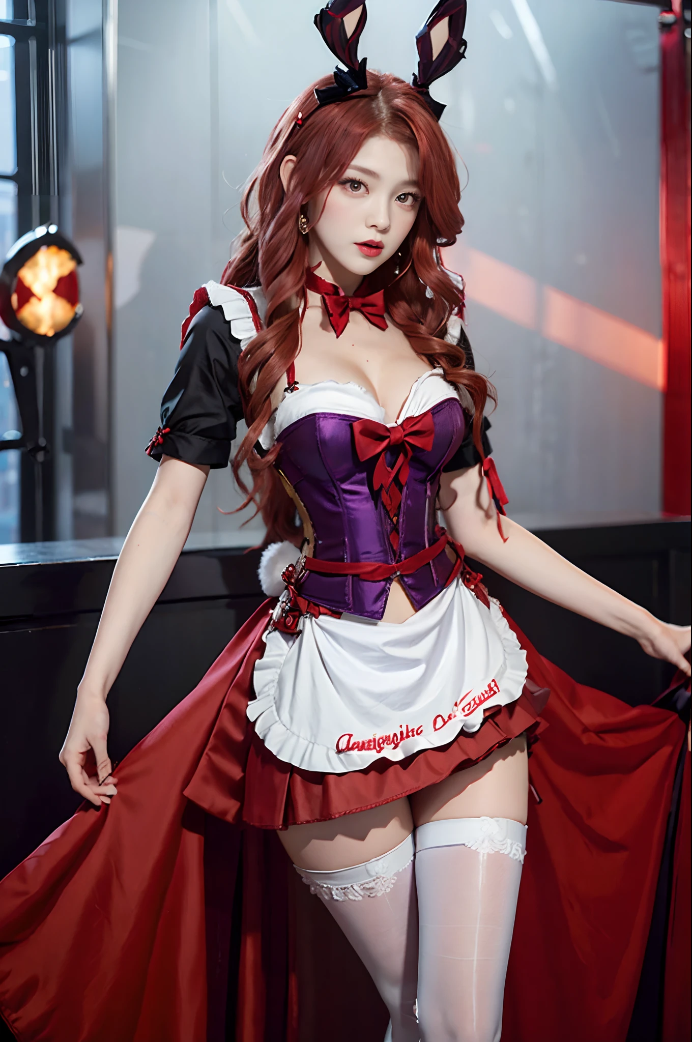 photorealistic, high resolution, 1women, mature female, solo, hips up, fairy tail, red hair, brown eyes, neck ribbon, bare shoulders, maid outfit , hair over one eye