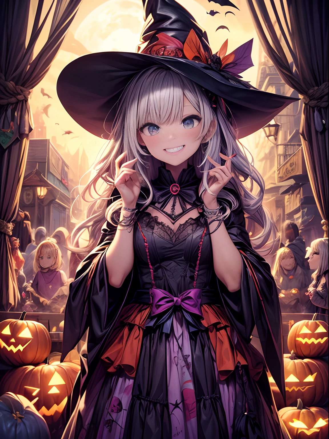 (Best quality,A high resolution,Masterpiece:1.2),Ultra-detailed,Creative Halloween, Cartoon style,Colorful,Playful,Spooky characters, Vibrant background,( Jack-o-lantern helmet:1.3)，Witch hat，Whimsical pumpkins, an enchanted forest, Magical atmosphere, haunted house, eerie moonlight, If you don't add sugar, You don't give sugar or trick-or-treat, Happy and mischievous souls,(Skeleton costume:1.3),spiderwebs,Corn candy, jack-o-lanterns, No candy is given、Those who don't give candy don't give candy, As well as those who trick-or-treat without giving candy, Mystic Potion,Magical cats, full moon, Mysterious Shadows, glowing lanterns, Eerie laughter, Cheerful skeletons, magic incantation, Clumsy monsters, Mini Monsters, Friendly ghouls, Spooky bats, A cauldron full of sweets, Halloween night full of laughter,The never-ending excitement,Creative décor,Playful pranks,Happy Halloween