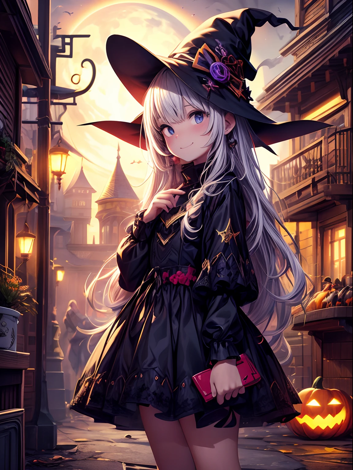 (Best quality,A high resolution,Masterpiece:1.2),Ultra-detailed,Creative Halloween, Cartoon style,Colorful,Playful,Spooky characters, Vibrant background, Jack-o-lantern hoods,Witch hat,Whimsical pumpkins, an enchanted forest, Magical atmosphere, haunted house, eerie moonlight, Trick or treat without sugar, Happy and mischievous souls,Skeleton costume,spiderwebs,Corn candy, jack-o-lanterns, Trick-or-treating people who don't give sugar, Mystic Potion,Magical cats, full moon, Mysterious Shadows, glowing lanterns, Eerie laughter, Cheerful skeletons, magic incantation, Clumsy monsters, Mini monsters, Friendly ghouls, Spooky bats, A cauldron full of sweets, Halloween night full of laughter,The never-ending excitement,Creative decoration,Playful pranks,Happy Halloween