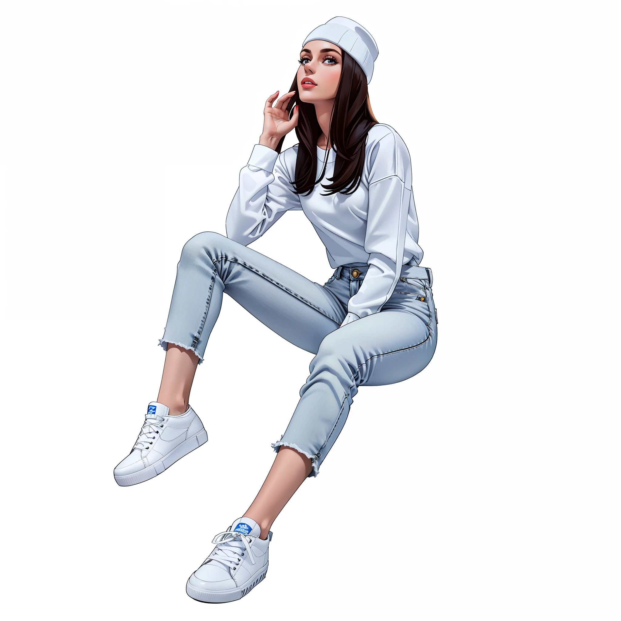 Araffe woman sitting on a white surface wearing a white hat, woman is sitting, full-length view. white plastic, Pose casual, foto do produto, wearing white sneakers, fundo branco isolado, sapatos brancos, relaxed pose, full body cute young lady, roupas casuais modernas, mulher no streetwear, roupas casuais, white shirt and blue jeans, roupas brancas da moda