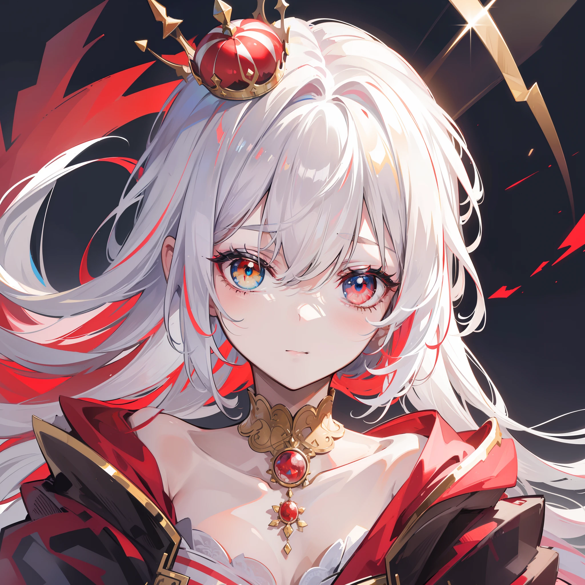 (highres,best quality,masterpiece:1.2),close up of a person with a crown on their head,divided half red and half white striped hair,heterochromia