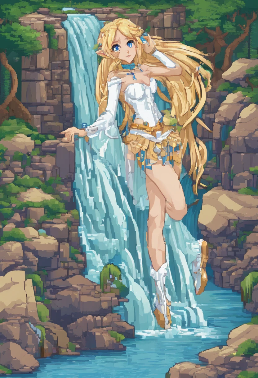 elf girl, long hair, blonde, blue eyes, medium breasts, thighs, naked, embarrassed, in a waterfall, detailed skin, blowing a kiss at the camera