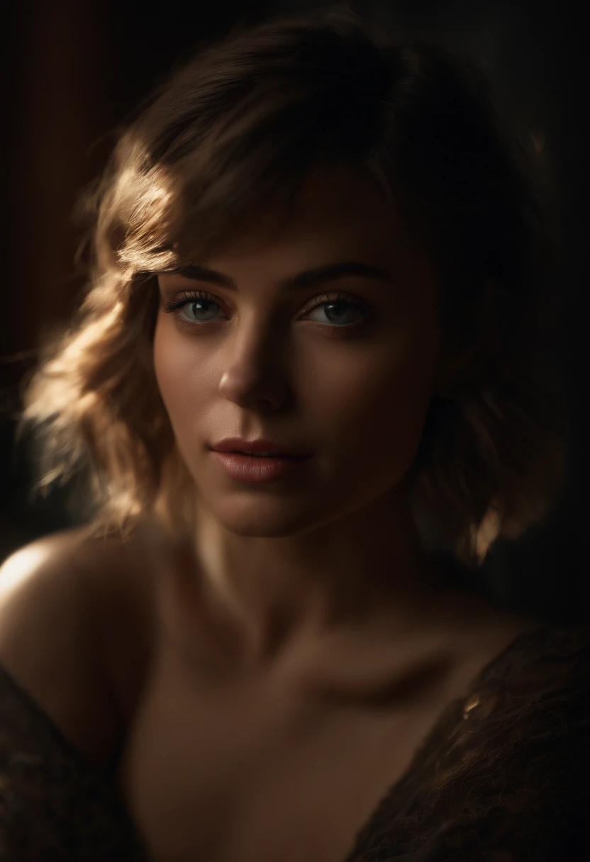 Best quality, masterpiece, ultra high res, (photorealistic:1.5), raw photo, 1girl, offshoulder, in the dark, deep shadow, low key, cold light, sexy look, short hair