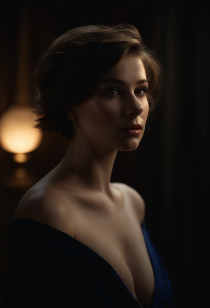 Best quality, masterpiece, ultra high res, (photorealistic:1.5), raw photo, 1girl, offshoulder, in the dark, deep shadow, low key, cold light, y look, short hair