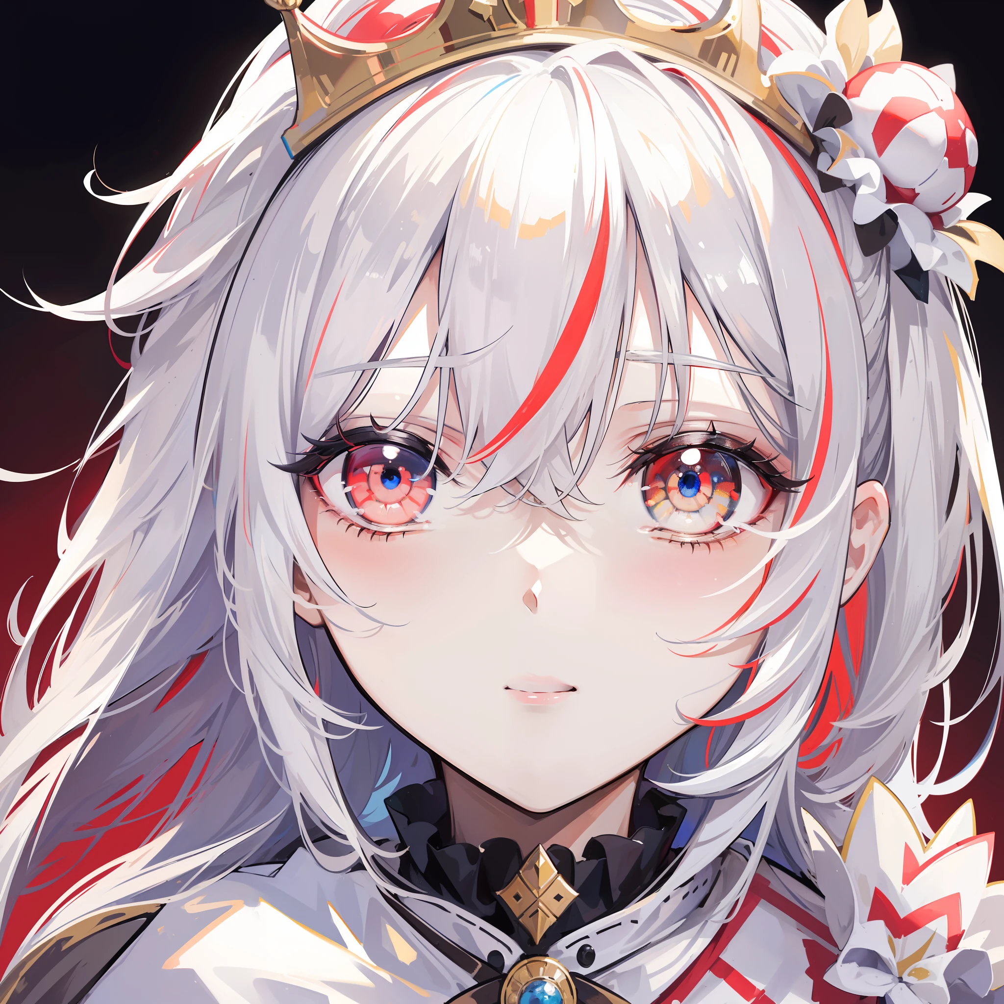 (highres,best quality,masterpiece:1.2),close up of a person with a crown on their head,divided half red and half white striped hair,heterochromia