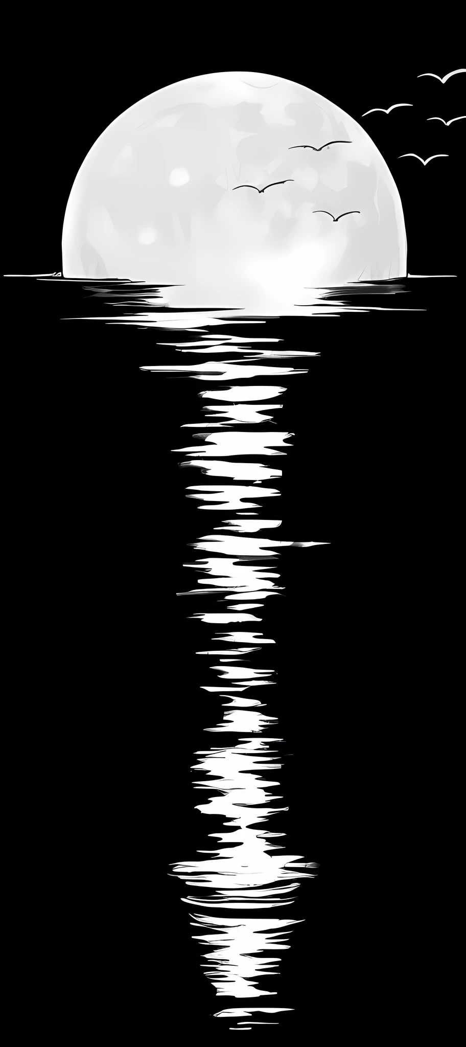a drawing of moon reflection, ocean, night, moonlight, greyscale, monochrome, black and white,