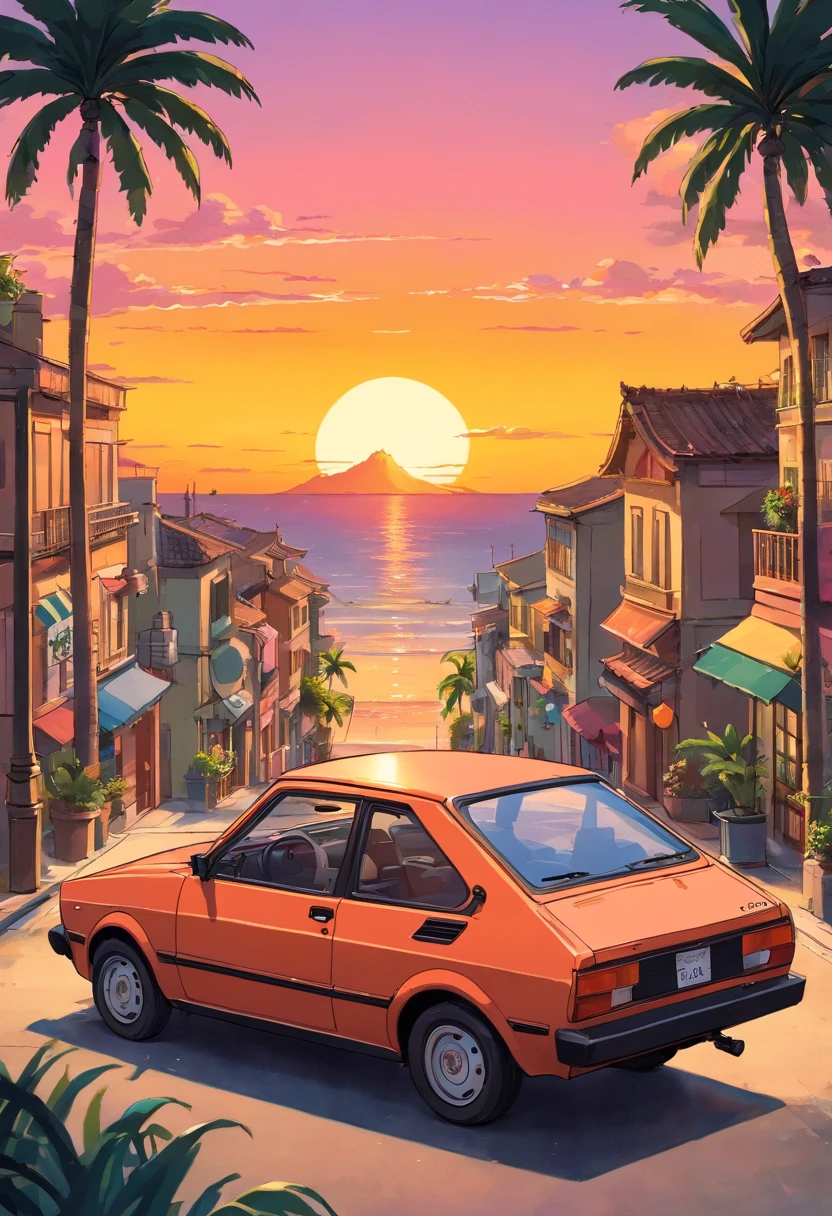 Sticker design, Classic yugo 45 car, Sunset background, Palm trees, 5 colors of layers, Corner Street, Beleq drum, Presean, car in black color