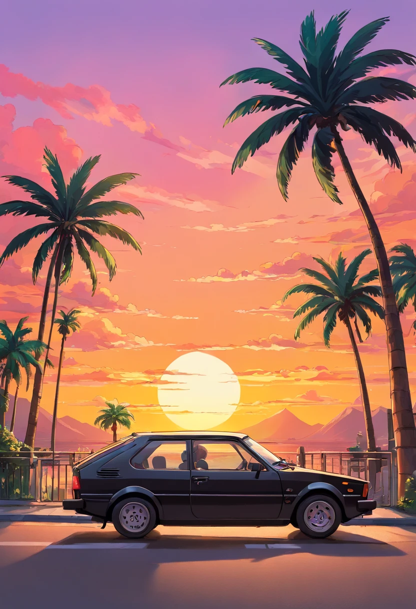 Sticker design, Classic yugo 45 car, Sunset background, Palm trees, 5 colors of layers, Corner Street, Beleq drum, Presean, car in black color