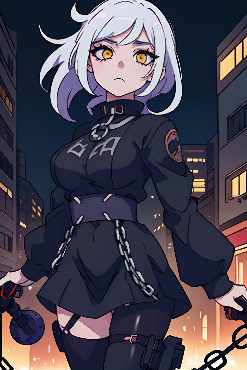 (a dark anime girl with white hair and yellow eyes, chained neck:1.1, white long lashes, black tights, 90s anime aesthetic:1.1, 90s anime women, exposed breasts:0.9), vibrant colors:1.1, intense lighting, dark shadows, surreal background, dystopian cityscape
