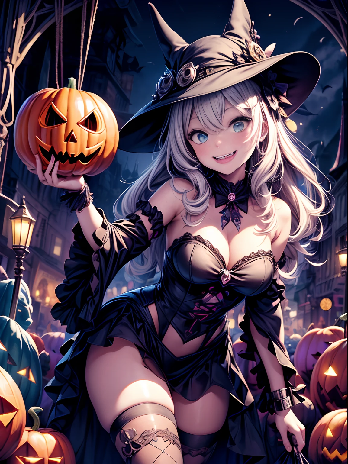 (Best quality,A high resolution,Masterpiece:1.2),Ultra-detailed,Creative Halloween, Cartoon style,Colorful,Playful,Spooky characters, Vibrant background,( Jack-o-lantern helmet:1.3)，Witch hat，Whimsical pumpkins, an enchanted forest, Magical atmosphere, haunted house, eerie moonlight, If you don't add sugar, you don't give sugar and trick or treat, Happy and mischievous souls,(Skeleton costume:1.3),spiderwebs,Corn candy, jack-o-lanterns, People who don't give candy and don't give candy are trick-or-treaters, Mystic Potion,Magical cats, full moon, Mysterious Shadows, glowing lanterns, Eerie laughter, Cheerful skeletons, magic incantation, Clumsy monsters, Mini Monsters, Friendly ghouls, Spooky bats, A cauldron full of sweets, Halloween night full of laughter,The never-ending excitement,Creative décor,Playful pranks,Happy Halloween
